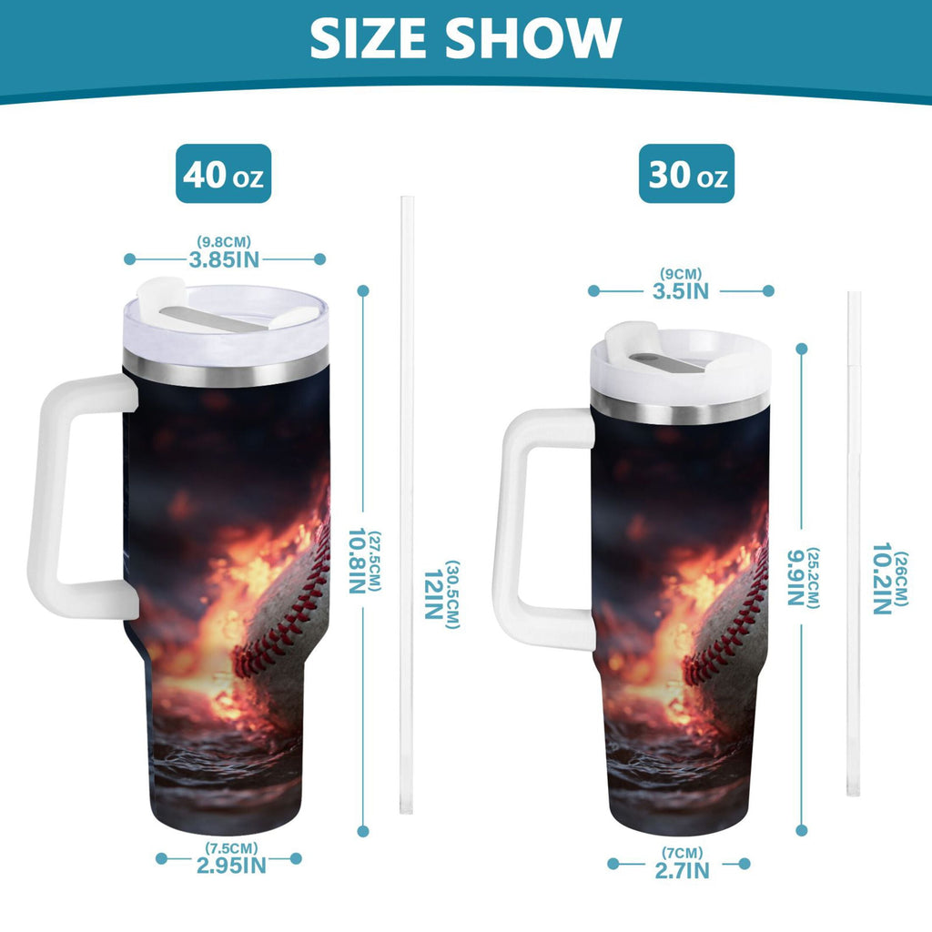 40 oz Insulated Stainless Steel Tumbler Double Wall Stainless Steel Tumbler with 2-Way Drinking Baseball with Water and Fire M680Y