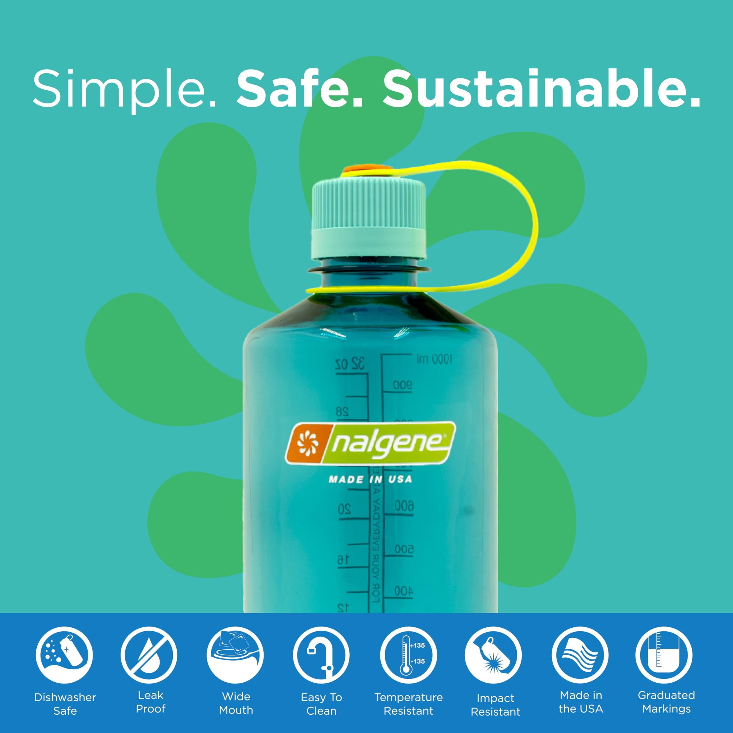 Nalgene Sustain Tritan BPA-Free Water Bottle Made with Material Derived from 50% Plastic Waste (using ISCC certified mass balance), 32 OZ, Narrow Mouth, Cerulean M158K