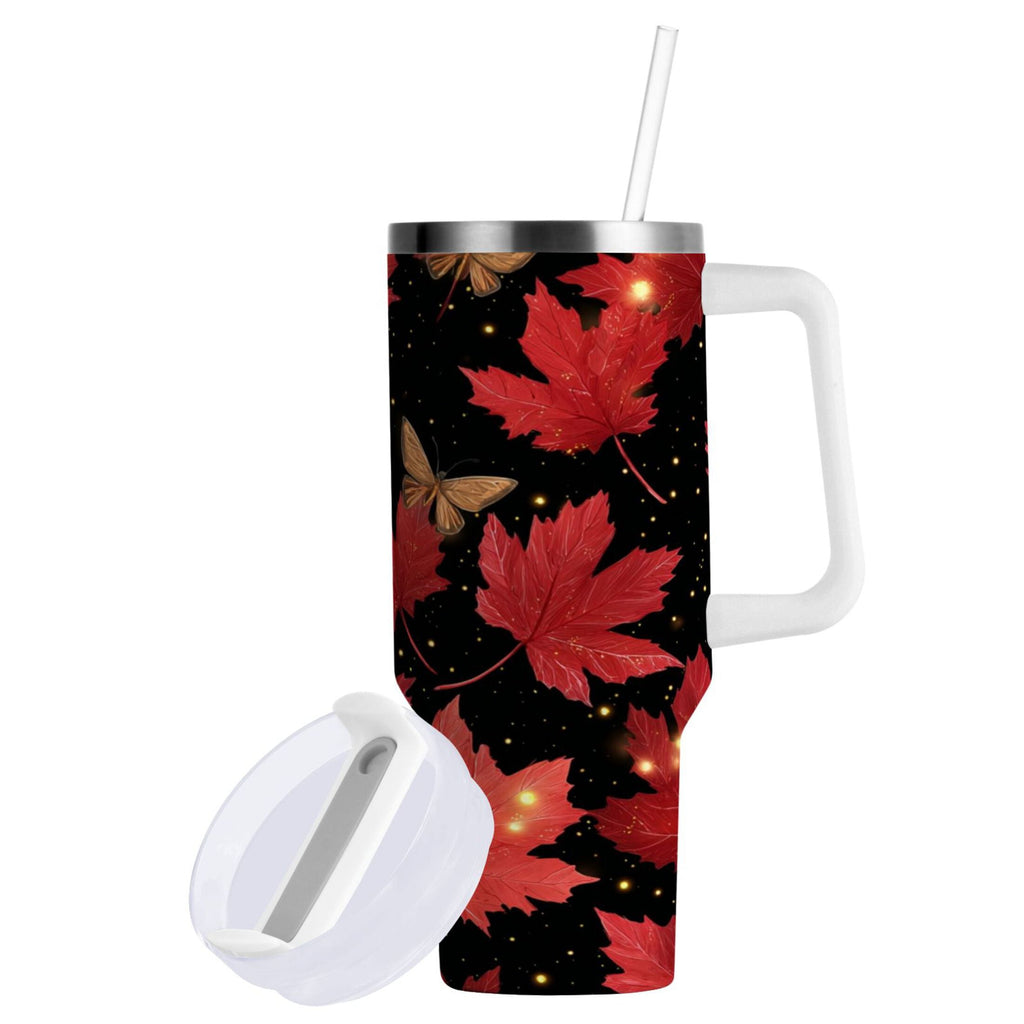 40 oz Insulated Stainless Steel Tumbler Double Wall Stainless Steel Tumbler with 2-Way Drinking Maple Leaves and Fireflies M516Q