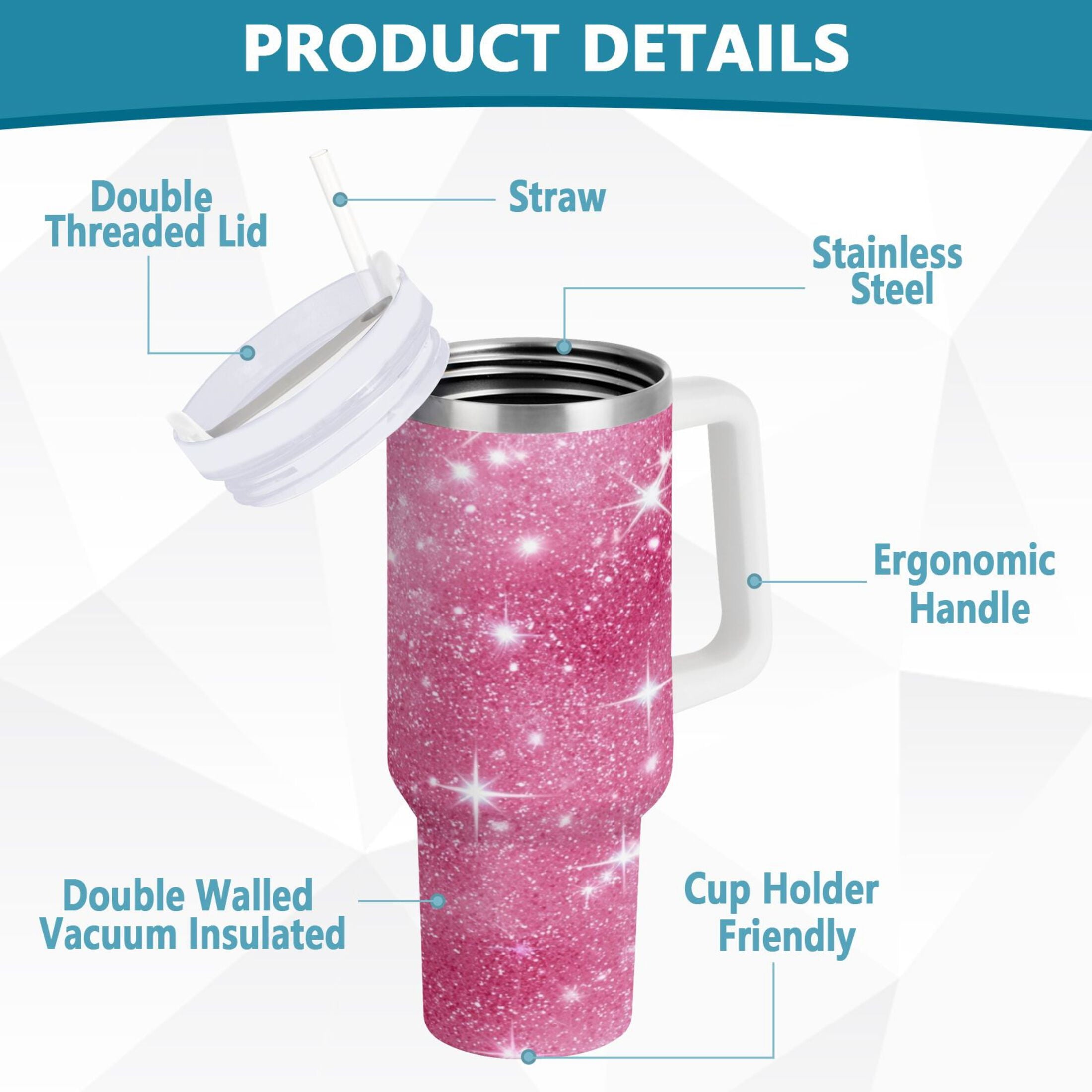 40 oz Insulated Stainless Steel Tumbler Double Wall Stainless Steel Tumbler with 2-Way Drinking Pink Glitter Background M608H