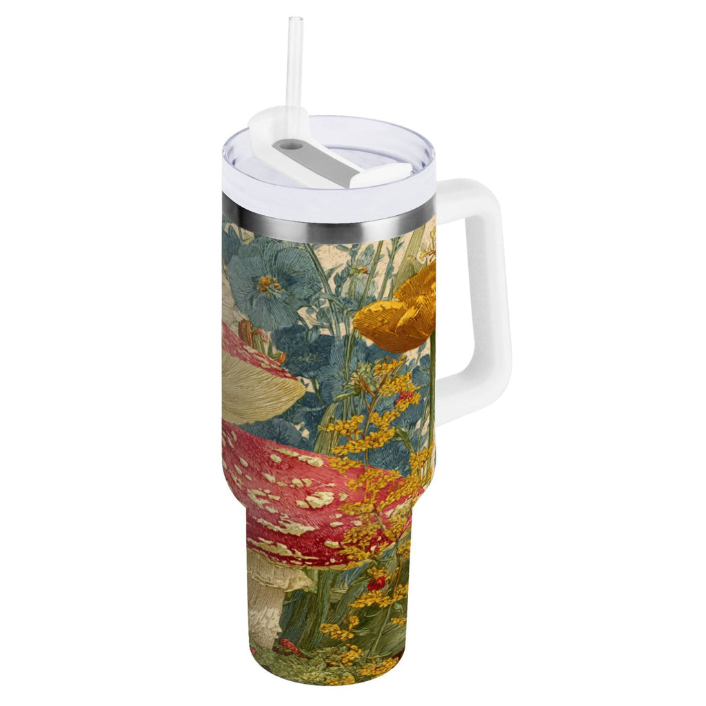 30 oz Insulated Stainless Steel Tumbler Double Wall Stainless Steel Tumbler with 2-Way Drinking Red Mushrooms with Flowers M449V