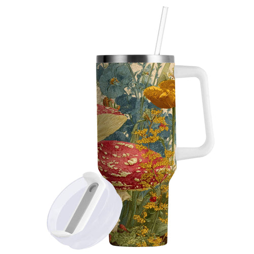 30 oz Insulated Stainless Steel Tumbler Double Wall Stainless Steel Tumbler with 2-Way Drinking Red Mushrooms with Flowers M449V