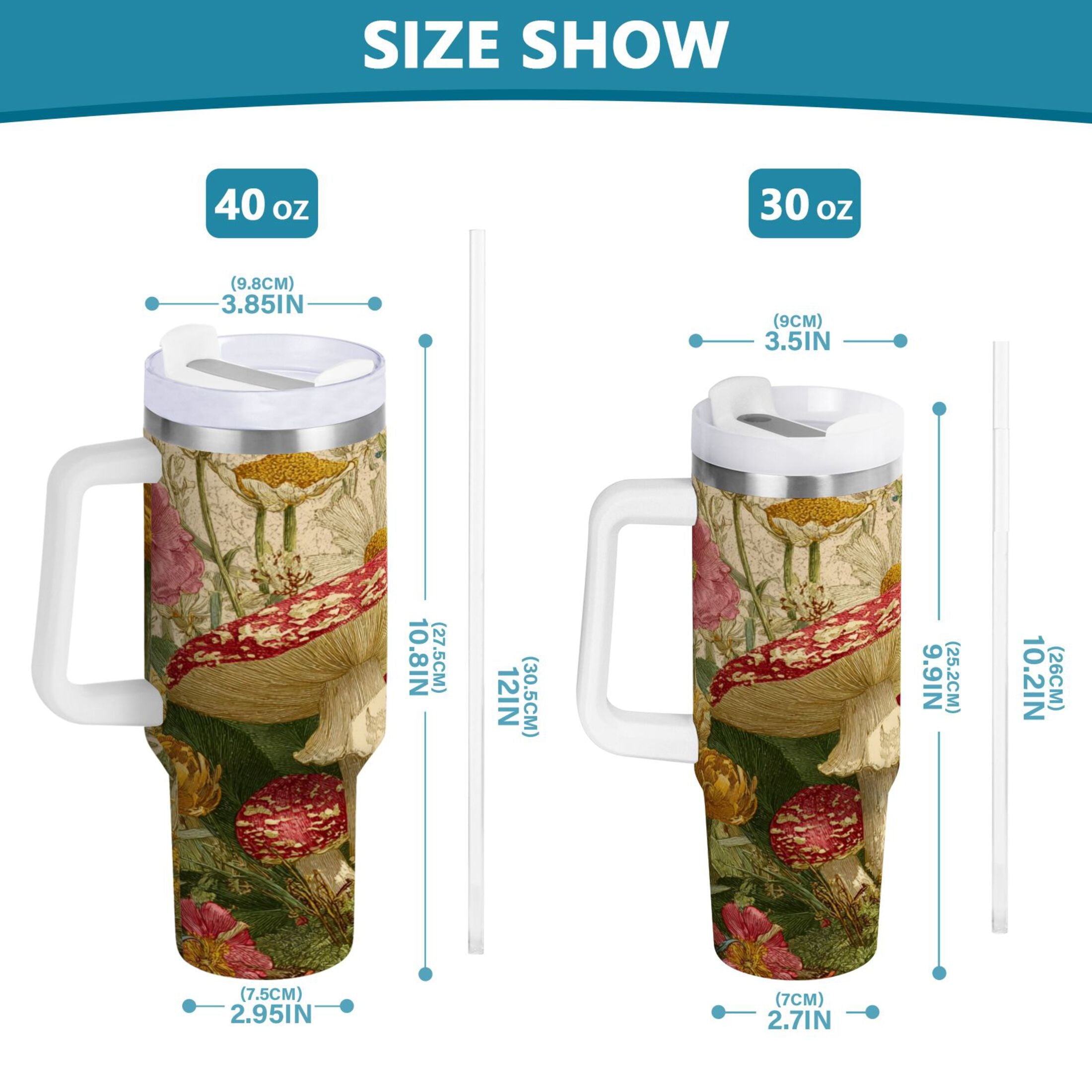30 oz Insulated Stainless Steel Tumbler Double Wall Stainless Steel Tumbler with 2-Way Drinking Red Mushrooms with Flowers M449V