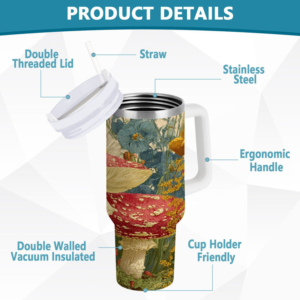 30 oz Insulated Stainless Steel Tumbler Double Wall Stainless Steel Tumbler with 2-Way Drinking Red Mushrooms with Flowers M449V