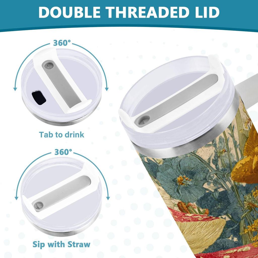 30 oz Insulated Stainless Steel Tumbler Double Wall Stainless Steel Tumbler with 2-Way Drinking Red Mushrooms with Flowers M449V