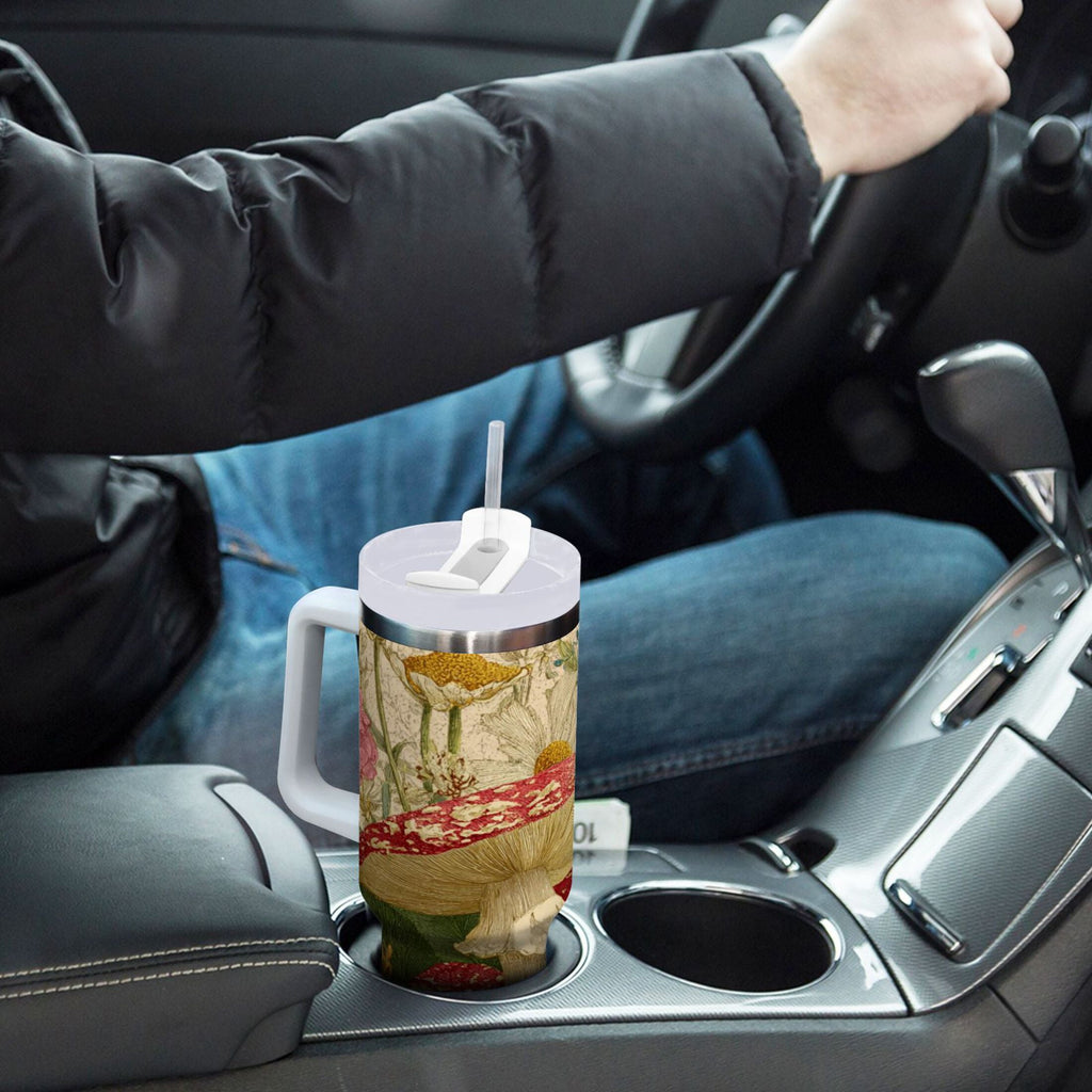 30 oz Insulated Stainless Steel Tumbler Double Wall Stainless Steel Tumbler with 2-Way Drinking Red Mushrooms with Flowers M449V