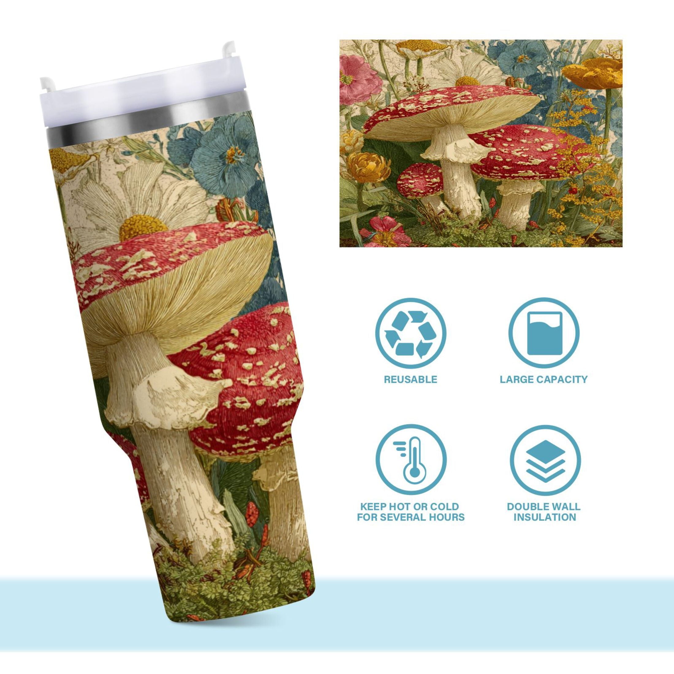 30 oz Insulated Stainless Steel Tumbler Double Wall Stainless Steel Tumbler with 2-Way Drinking Red Mushrooms with Flowers M449V