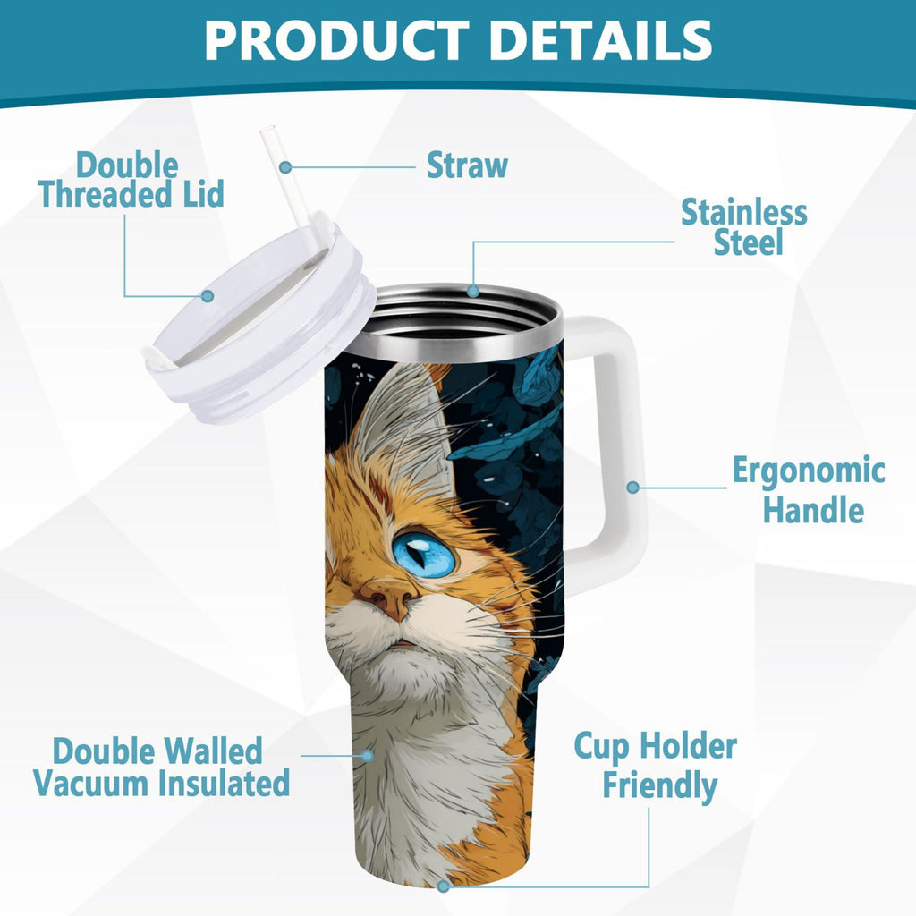 30 oz Insulated Stainless Steel Tumbler Double Wall Stainless Steel Tumbler with 2-Way Drinking Orange Cat with Blue Eyes M585S