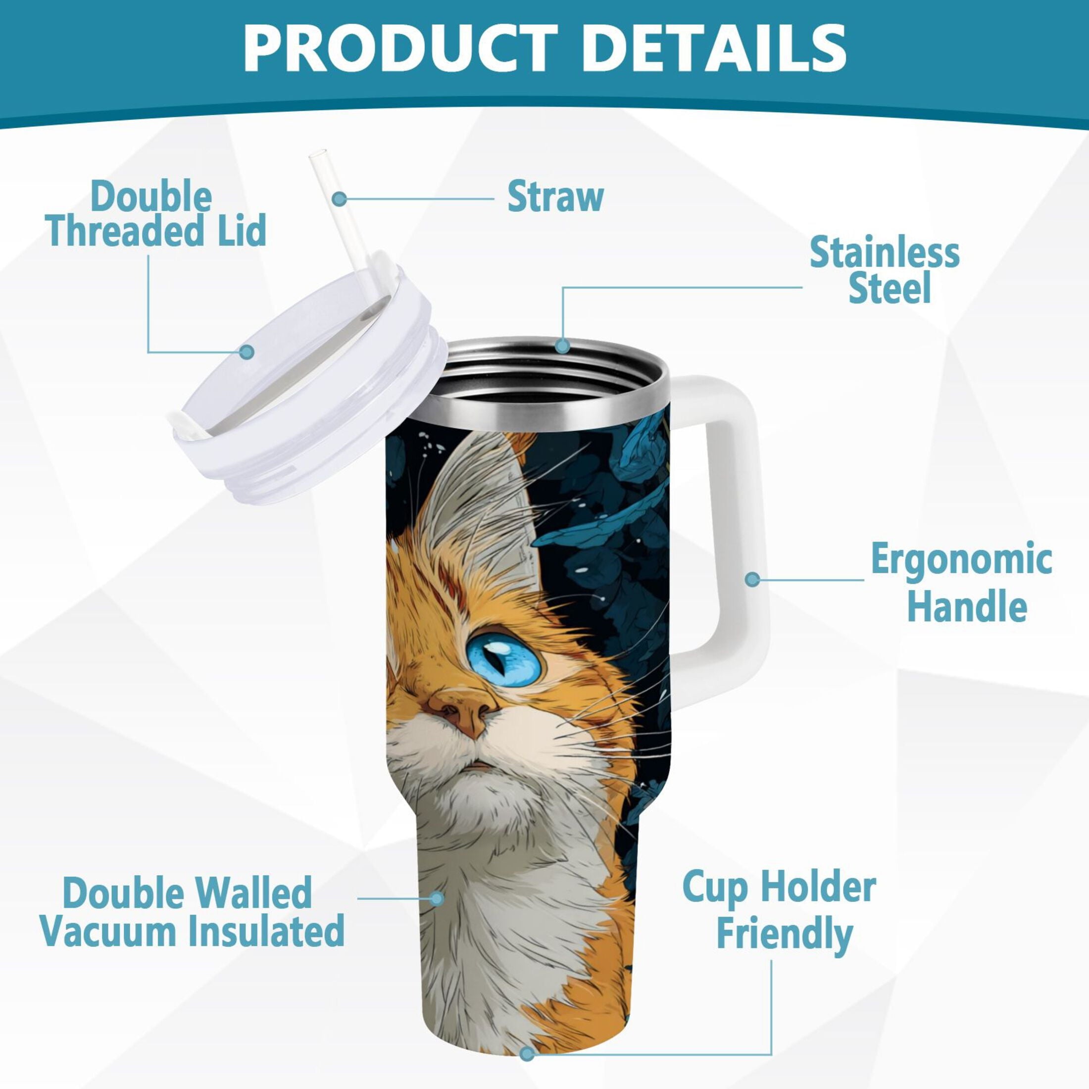 30 oz Insulated Stainless Steel Tumbler Double Wall Stainless Steel Tumbler with 2-Way Drinking Orange Cat with Blue Eyes M585S