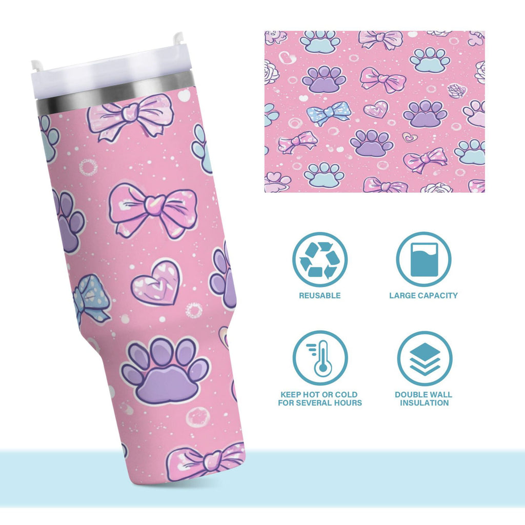 30 oz Insulated Stainless Steel Tumbler Double Wall Stainless Steel Tumbler with 2-Way Drinking Dog Paw Prints and Bows M648H