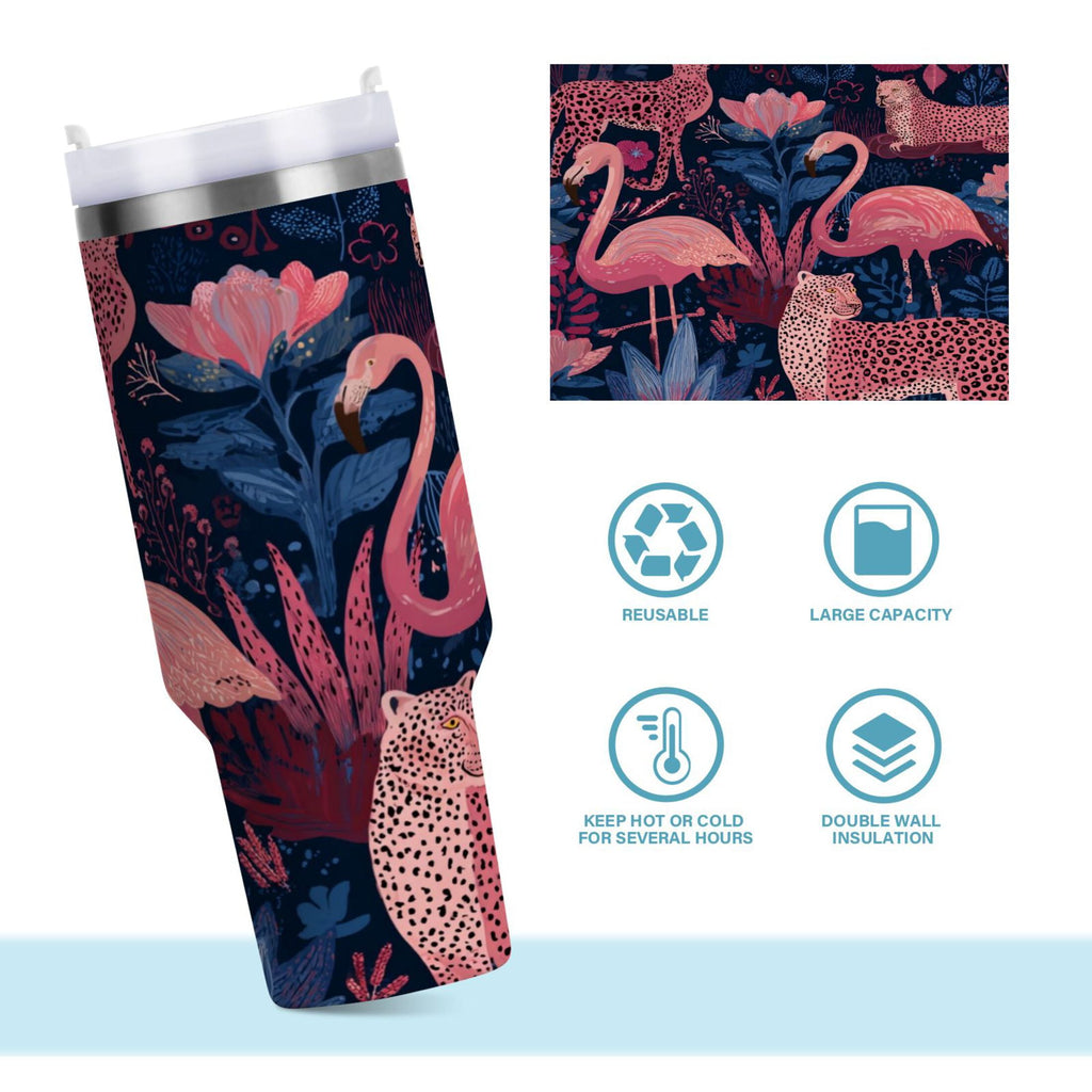 30 oz Insulated Stainless Steel Tumbler Double Wall Stainless Steel Tumbler with 2-Way Drinking Flamingos and Leopard Print M568Z