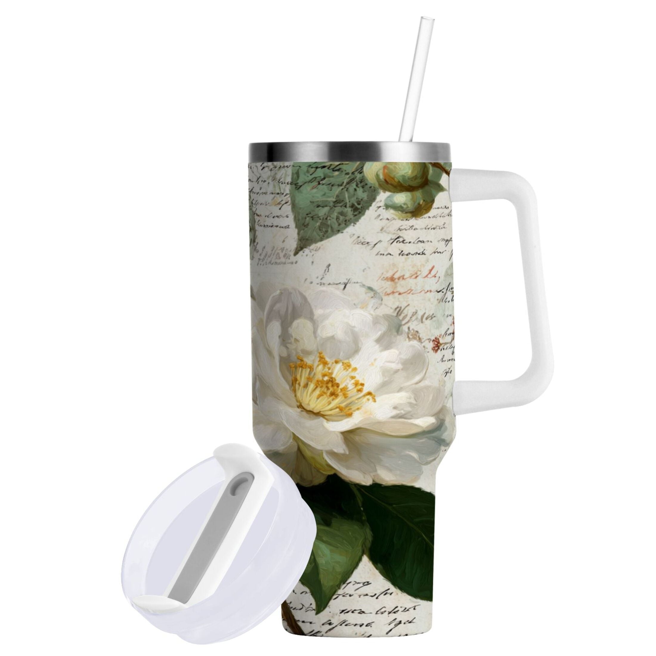40 oz Insulated Stainless Steel Tumbler Double Wall Stainless Steel Tumbler with 2-Way Drinking Vintage White Camellias M622L