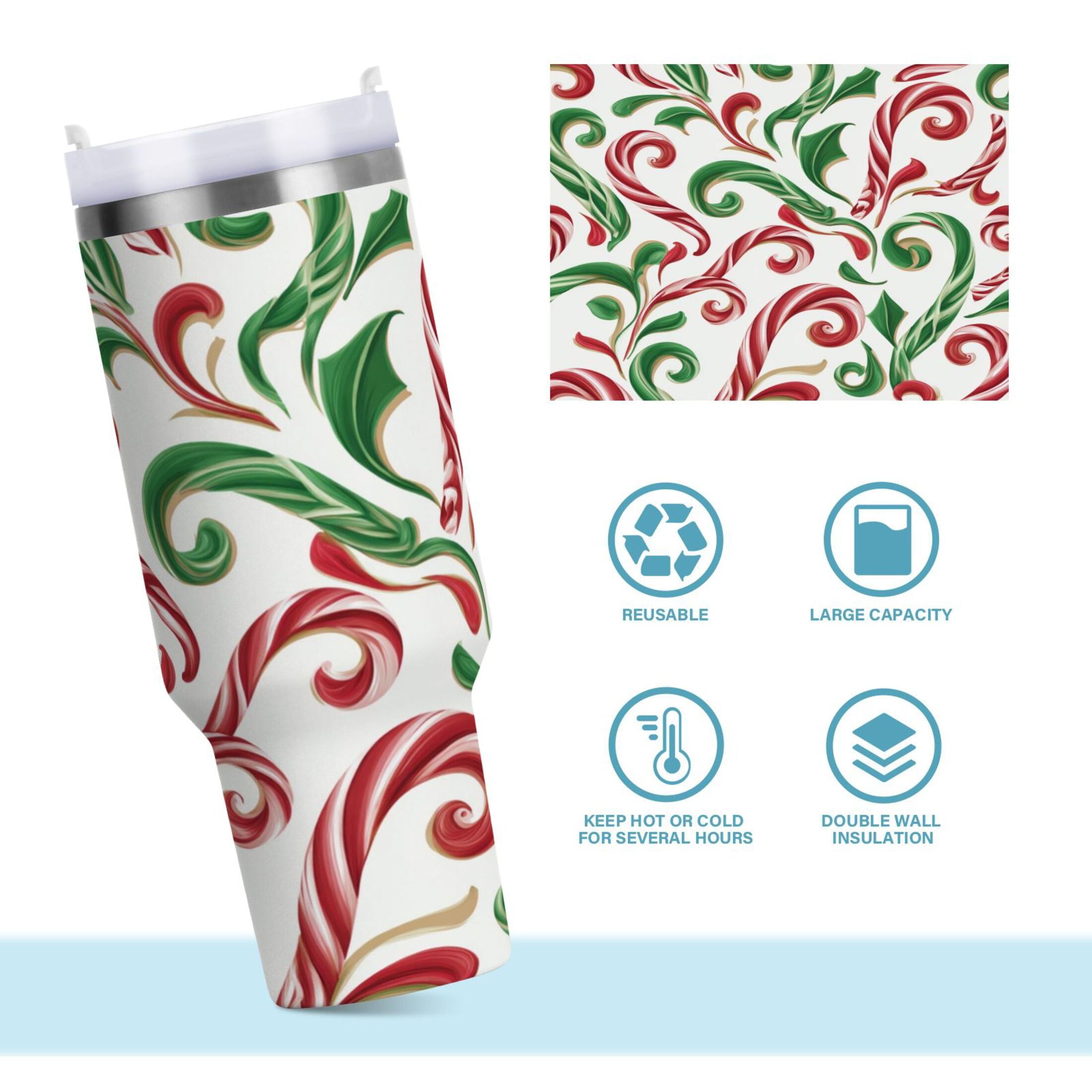 40 oz Insulated Stainless Steel Tumbler Double Wall Stainless Steel Tumbler with 2-Way Drinking Red and Green Candy-cane M573J