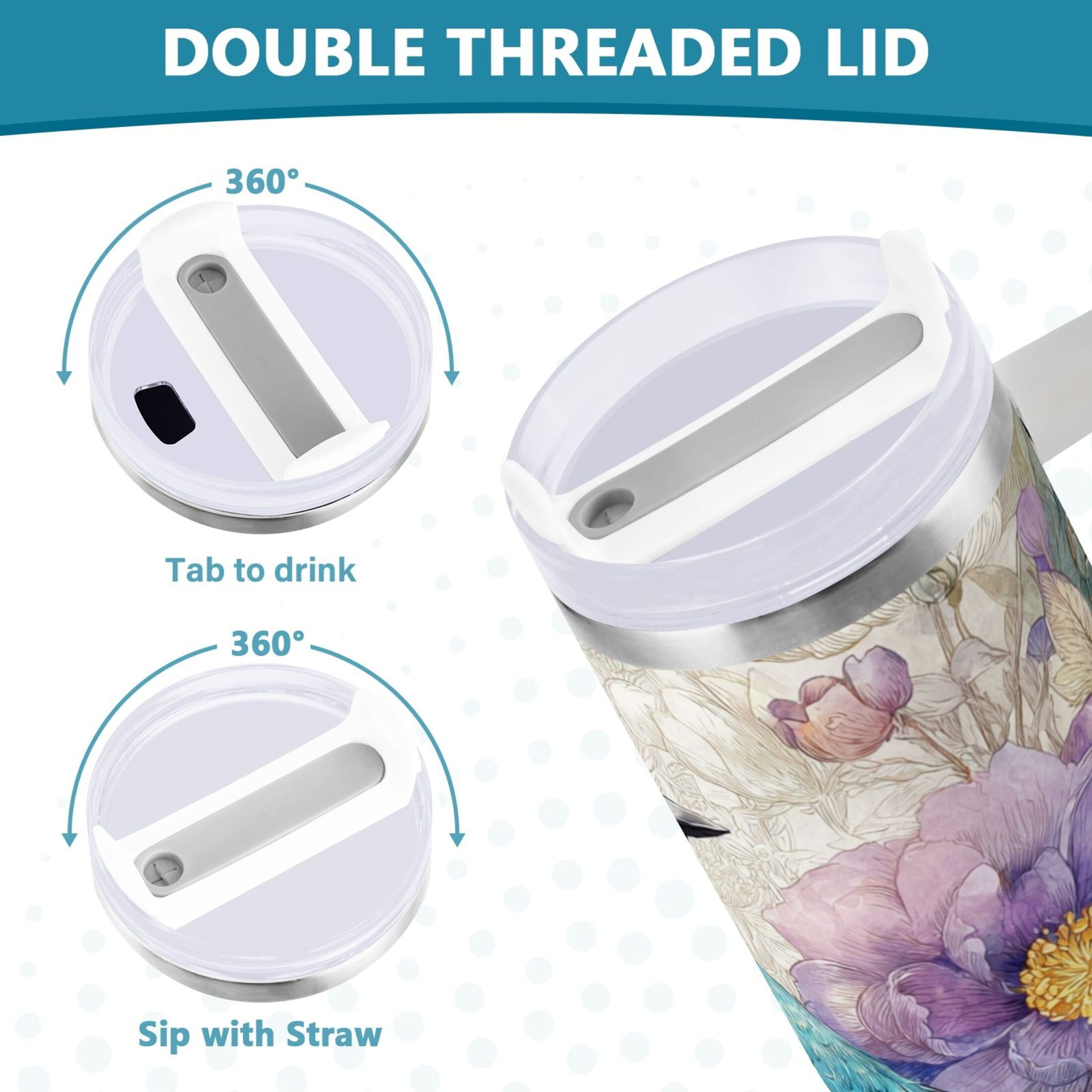 30 oz Insulated Stainless Steel Tumbler Double Wall Stainless Steel Tumbler with 2-Way Drinking Bluebird and Flower M538M