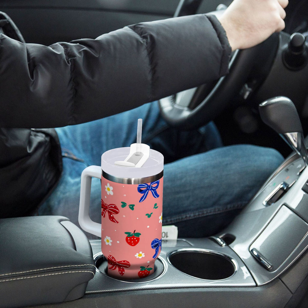 40 oz Insulated Stainless Steel Tumbler Double Wall Stainless Steel Tumbler with 2-Way Drinking Bows and Strawberries Pattern M511V