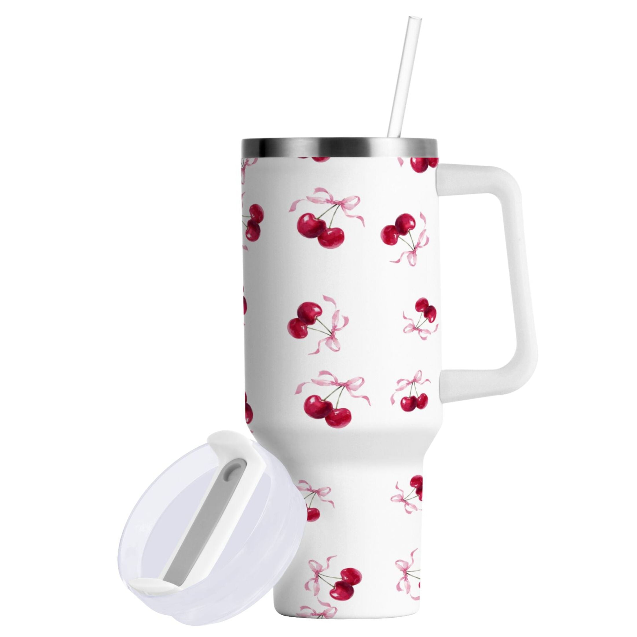 30 oz Insulated Stainless Steel Tumbler Double Wall Stainless Steel Tumbler with 2-Way Drinking Watercolor Cherries Pattern M604L