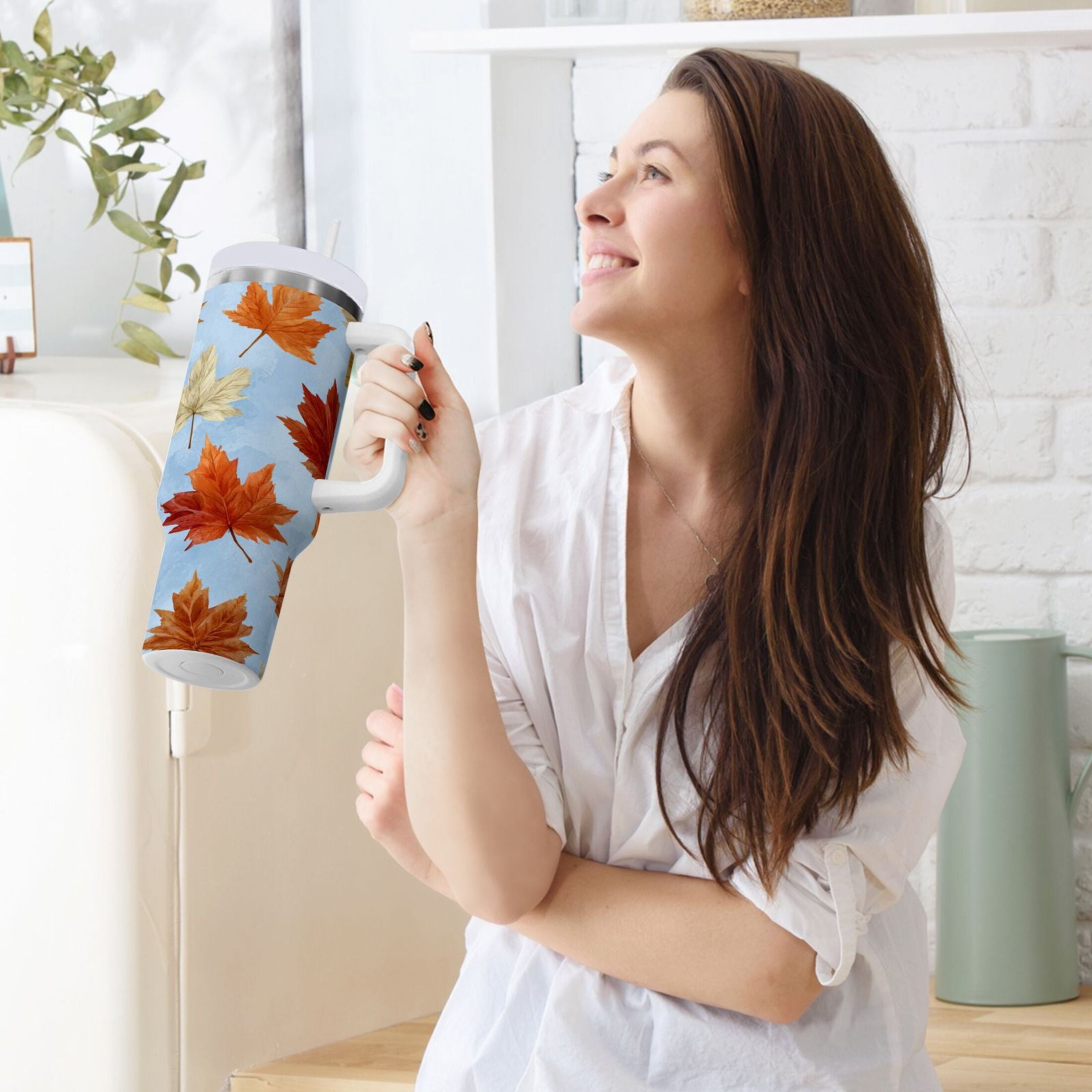 30 oz Insulated Stainless Steel Tumbler Double Wall Stainless Steel Tumbler with 2-Way Drinking Autumn Maple Leaves M641J
