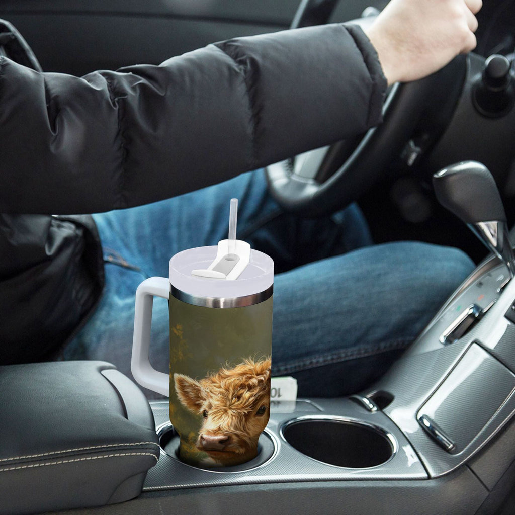 40 oz Insulated Stainless Steel Tumbler Double Wall Stainless Steel Tumbler with 2-Way Drinking Cow Lying in Sunflowers M665X