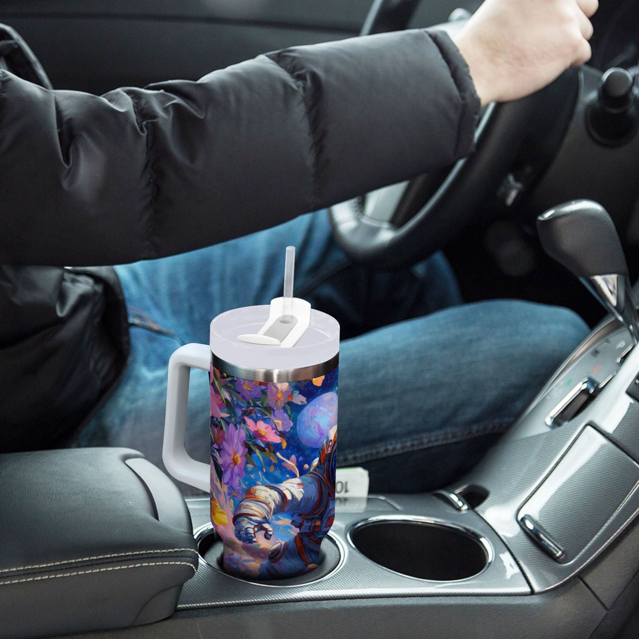40 oz Insulated Stainless Steel Tumbler Double Wall Stainless Steel Tumbler with 2-Way Drinking Astronaut and Colorful Flowers M562A