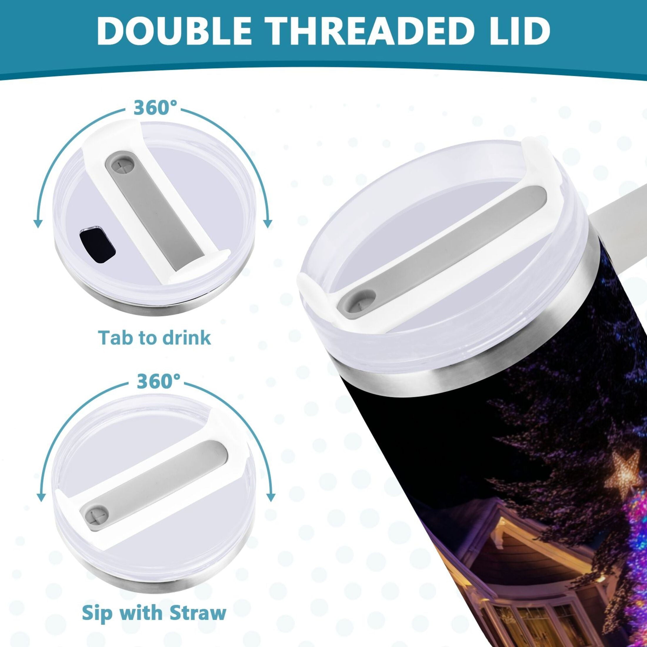 40 oz Insulated Stainless Steel Tumbler Double Wall Stainless Steel Tumbler with 2-Way Drinking Christmas Trees with Lights M664N