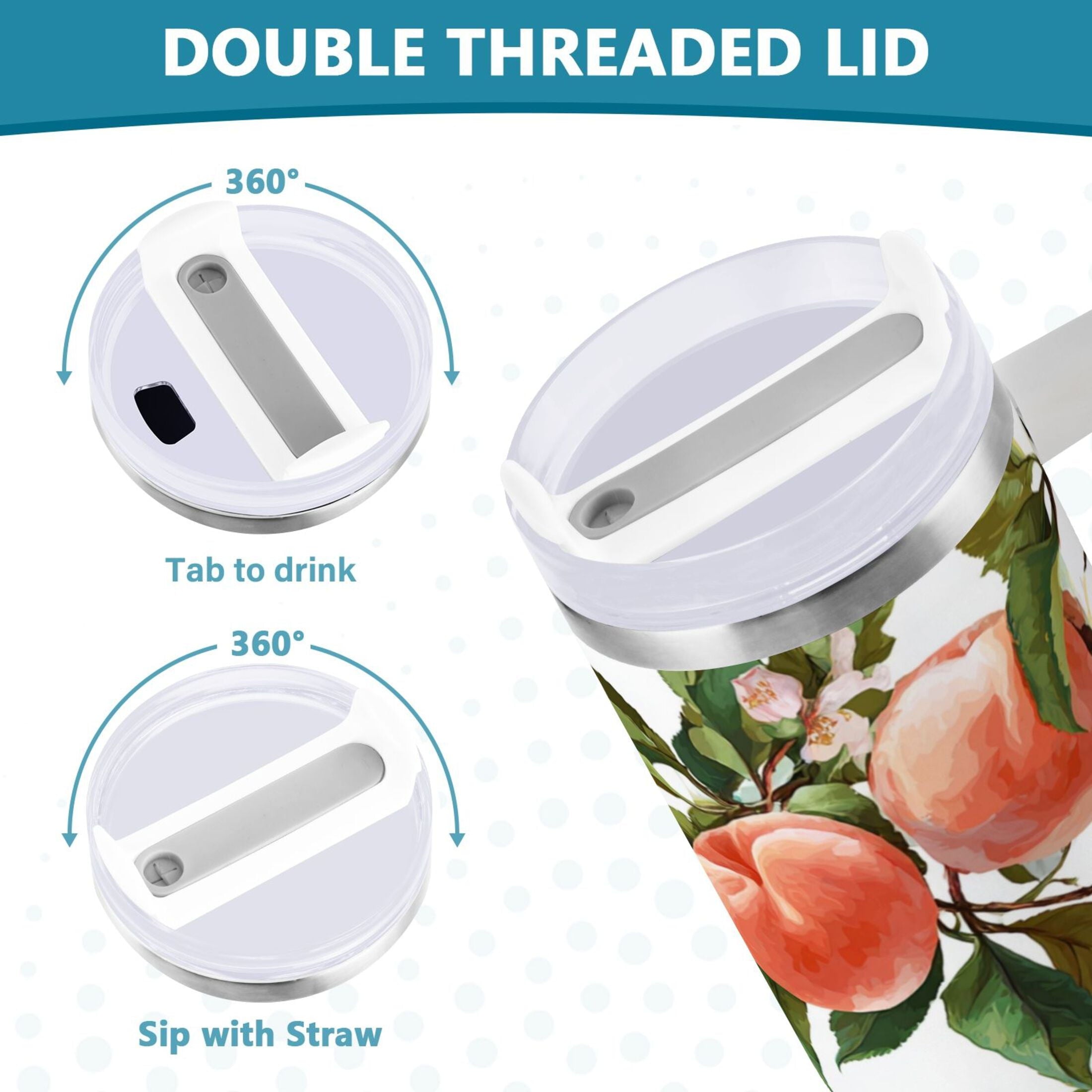 30 oz Insulated Stainless Steel Tumbler Double Wall Stainless Steel Tumbler with 2-Way Drinking Peach Fruit Pattern M503F