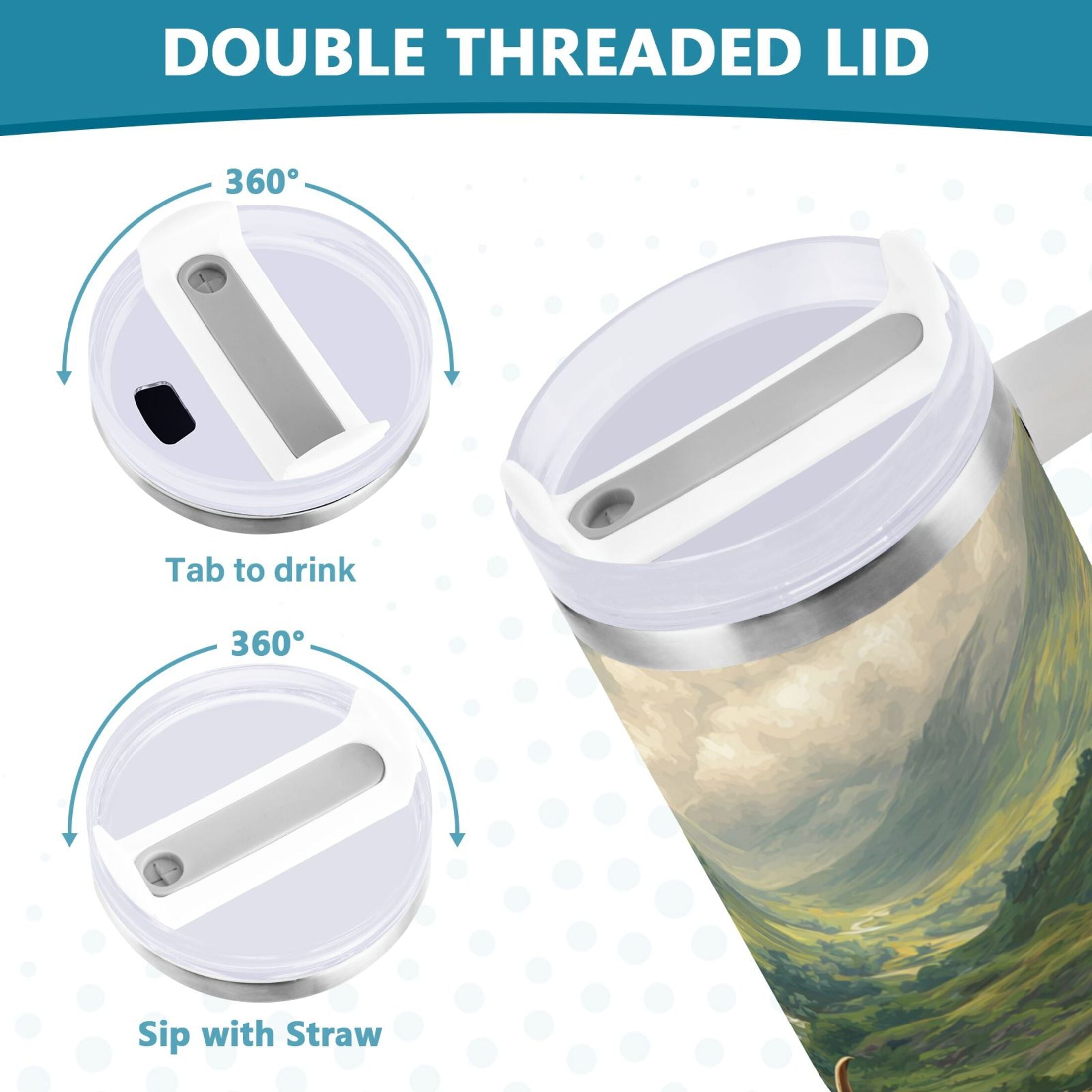 30 oz Insulated Stainless Steel Tumbler Double Wall Stainless Steel Tumbler with 2-Way Drinking Cow in Green Rolling Hills M586P