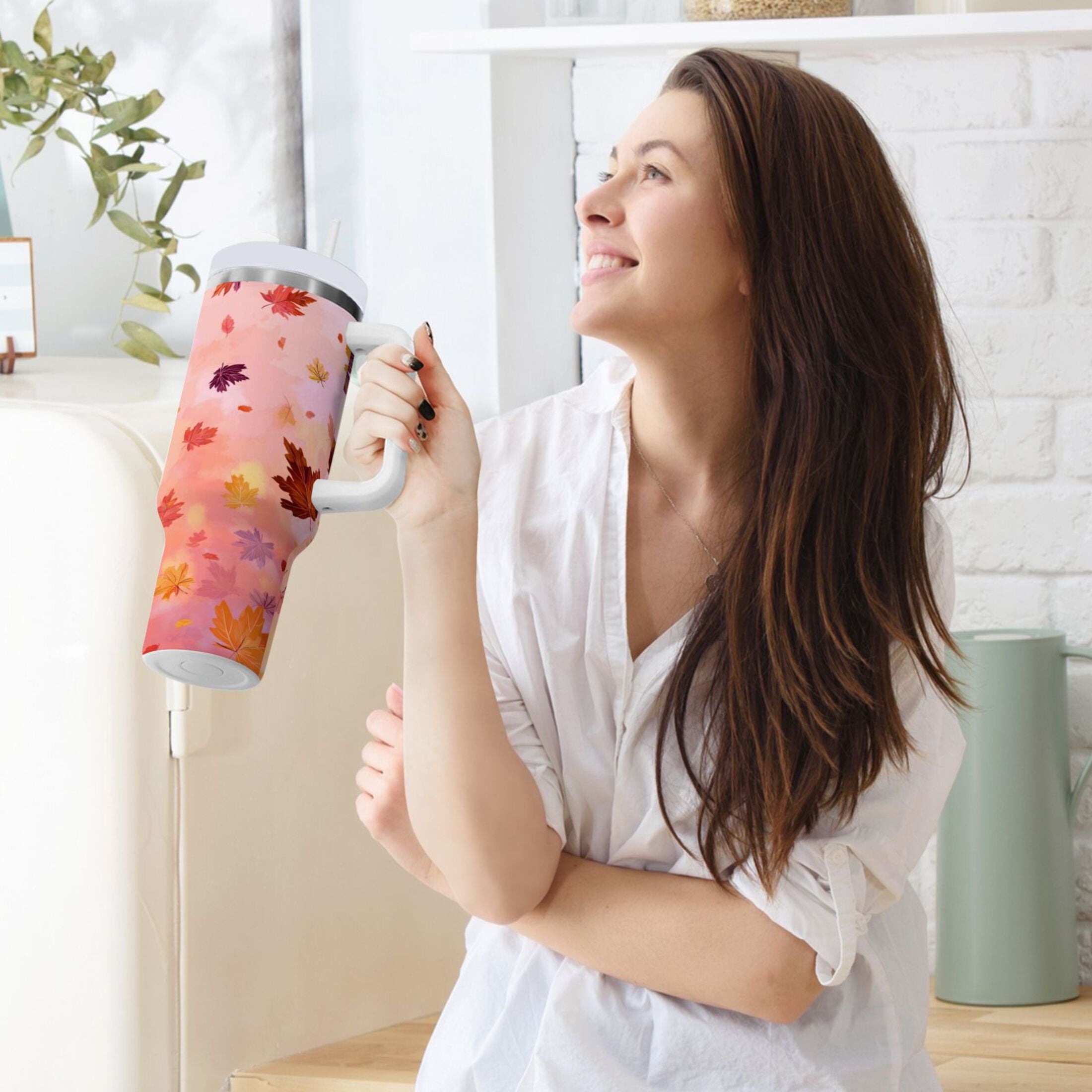 30 oz Insulated Stainless Steel Tumbler Double Wall Stainless Steel Tumbler with 2-Way Drinking Autumn Leaves Falling M588E
