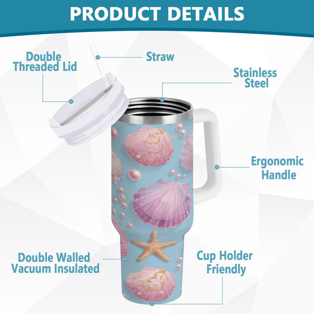 40 oz Insulated Stainless Steel Tumbler Double Wall Stainless Steel Tumbler with 2-Way Drinking Seashells and Pearls Pattern M569M