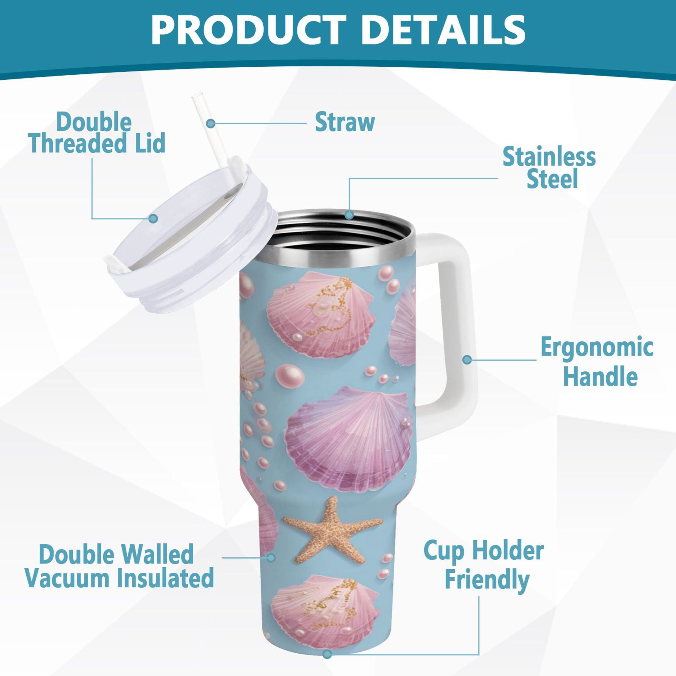 40 oz Insulated Stainless Steel Tumbler Double Wall Stainless Steel Tumbler with 2-Way Drinking Seashells and Pearls Pattern M569M