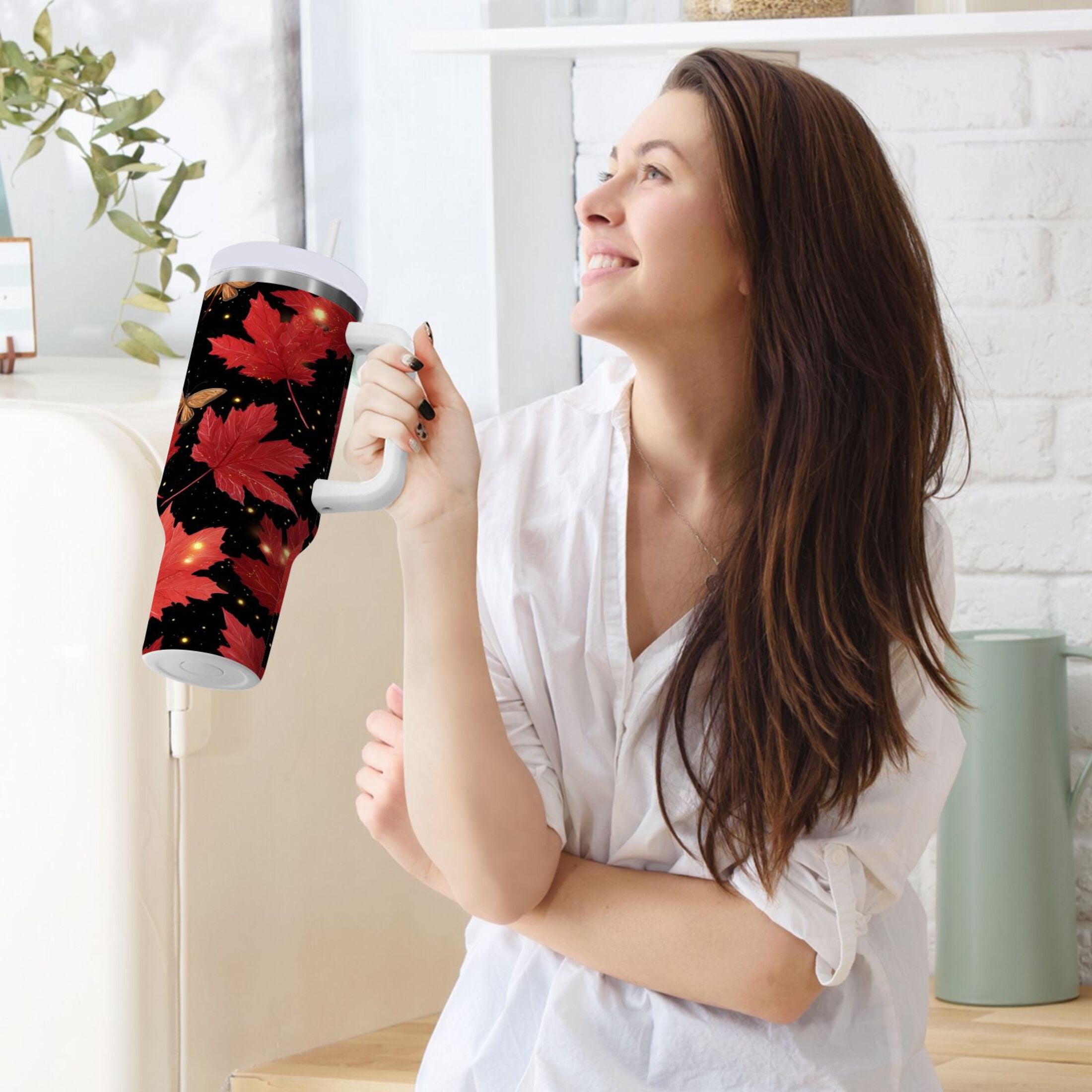 40 oz Insulated Stainless Steel Tumbler Double Wall Stainless Steel Tumbler with 2-Way Drinking Maple Leaves and Fireflies M516Q