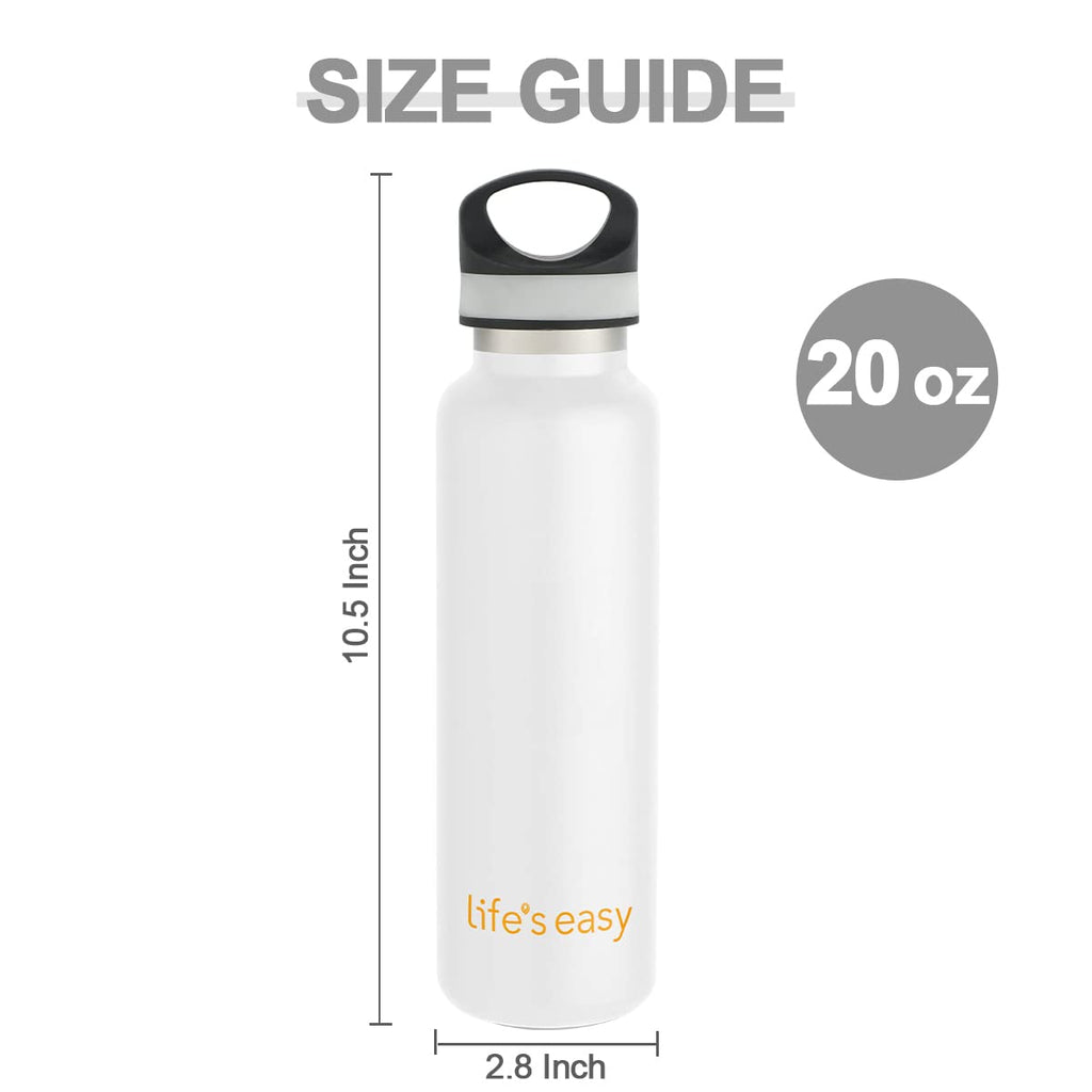 LIFE'S EASY 20 oz. Sports Insulated Water Bottle with Lid. Stainless Steel Vacuum Double Wall Thermo for Modern Hot and Cold Drinks, Simple Metal Hydro Canteen for Travel Men and Women (White) M417M