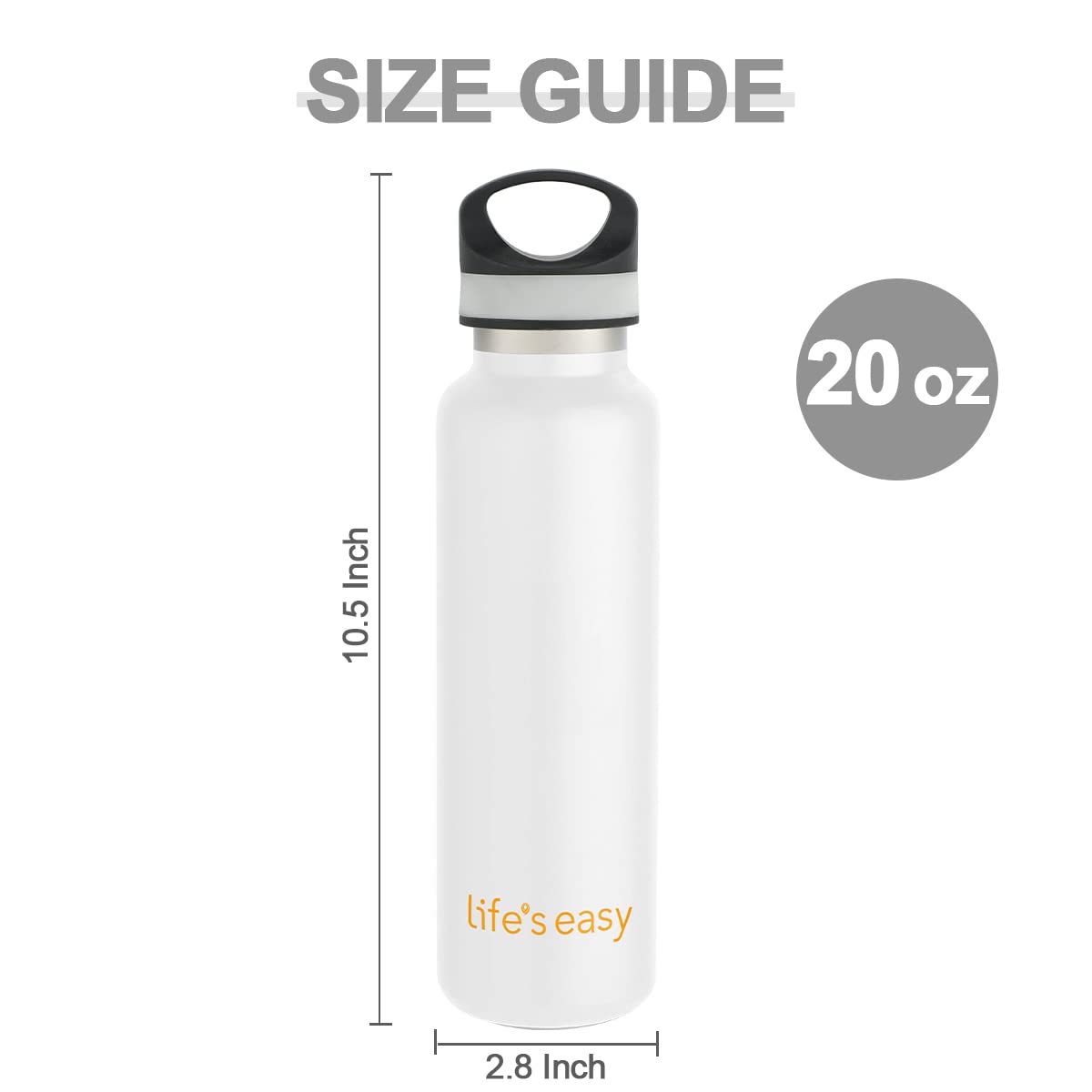 LIFE'S EASY 20 oz. Sports Insulated Water Bottle with Lid. Stainless Steel Vacuum Double Wall Thermo for Modern Hot and Cold Drinks, Simple Metal Hydro Canteen for Travel Men and Women (White) M417M