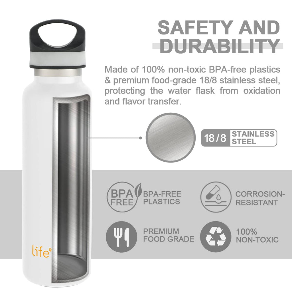 LIFE'S EASY 20 oz. Sports Insulated Water Bottle with Lid. Stainless Steel Vacuum Double Wall Thermo for Modern Hot and Cold Drinks, Simple Metal Hydro Canteen for Travel Men and Women (White) M417M