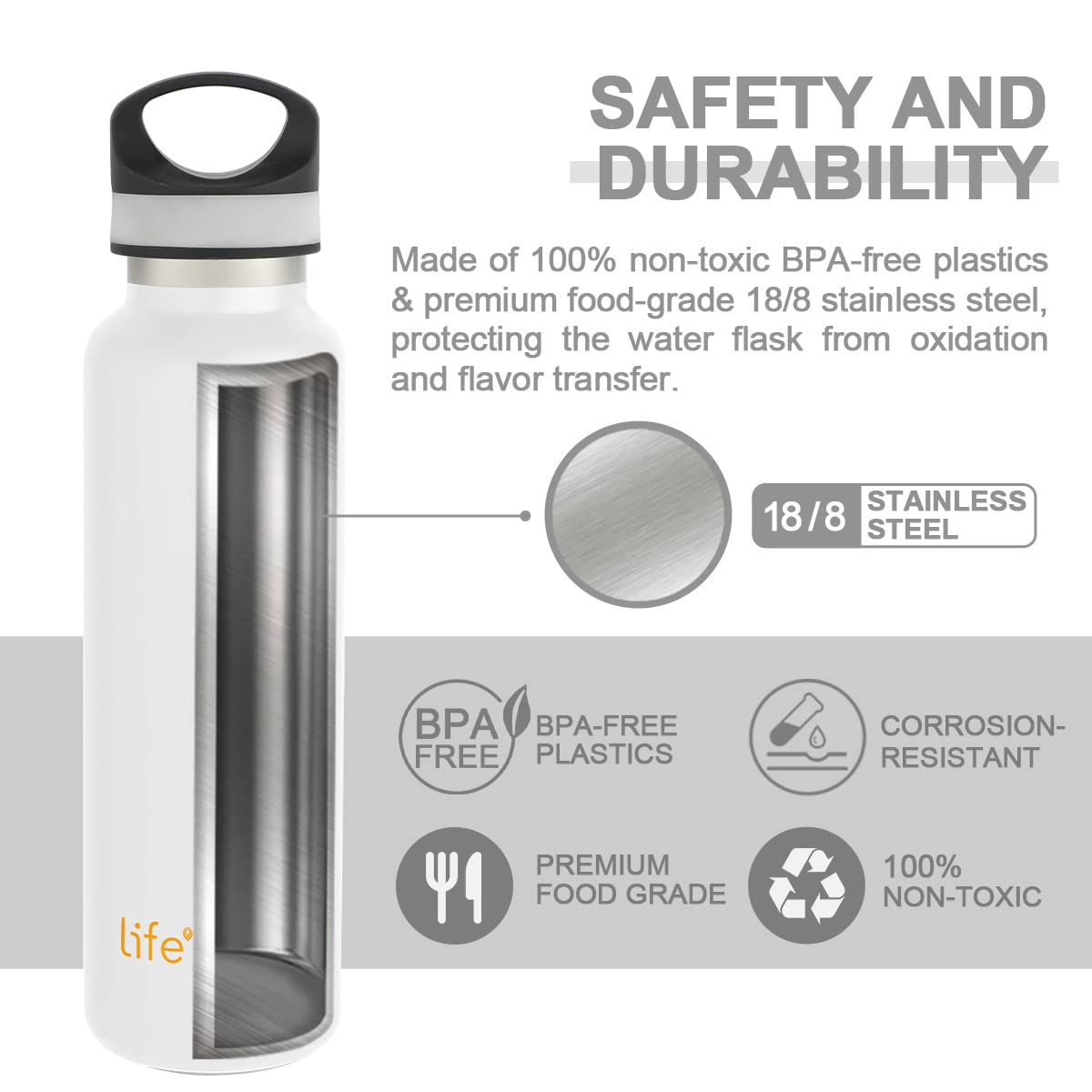 LIFE'S EASY 20 oz. Sports Insulated Water Bottle with Lid. Stainless Steel Vacuum Double Wall Thermo for Modern Hot and Cold Drinks, Simple Metal Hydro Canteen for Travel Men and Women (White) M417M