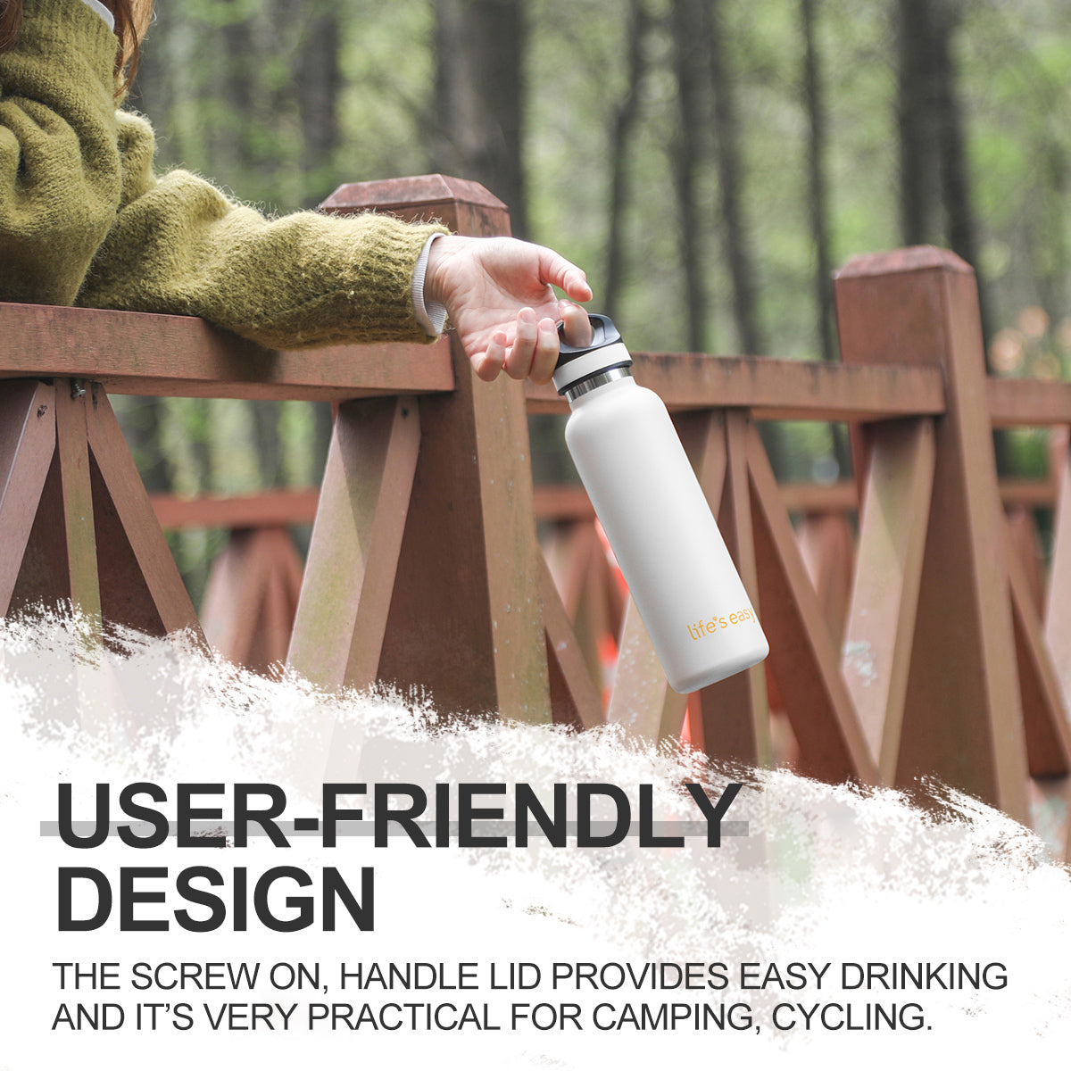 LIFE'S EASY 20 oz. Sports Insulated Water Bottle with Lid. Stainless Steel Vacuum Double Wall Thermo for Modern Hot and Cold Drinks, Simple Metal Hydro Canteen for Travel Men and Women (White) M417M