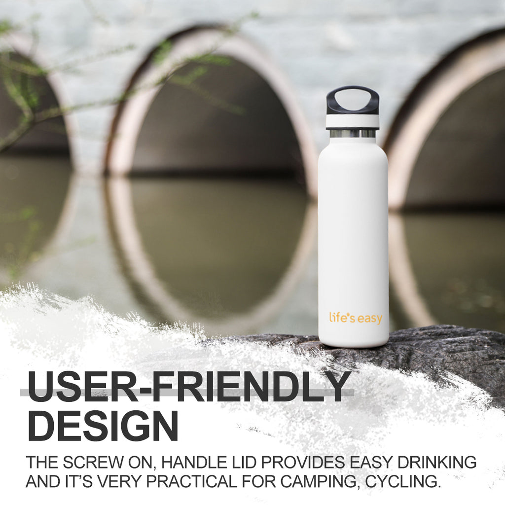 LIFE'S EASY 20 oz. Sports Insulated Water Bottle with Lid. Stainless Steel Vacuum Double Wall Thermo for Modern Hot and Cold Drinks, Simple Metal Hydro Canteen for Travel Men and Women (White) M417M