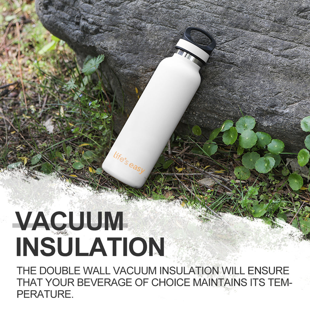 LIFE'S EASY 20 oz. Sports Insulated Water Bottle with Lid. Stainless Steel Vacuum Double Wall Thermo for Modern Hot and Cold Drinks, Simple Metal Hydro Canteen for Travel Men and Women (White) M417M