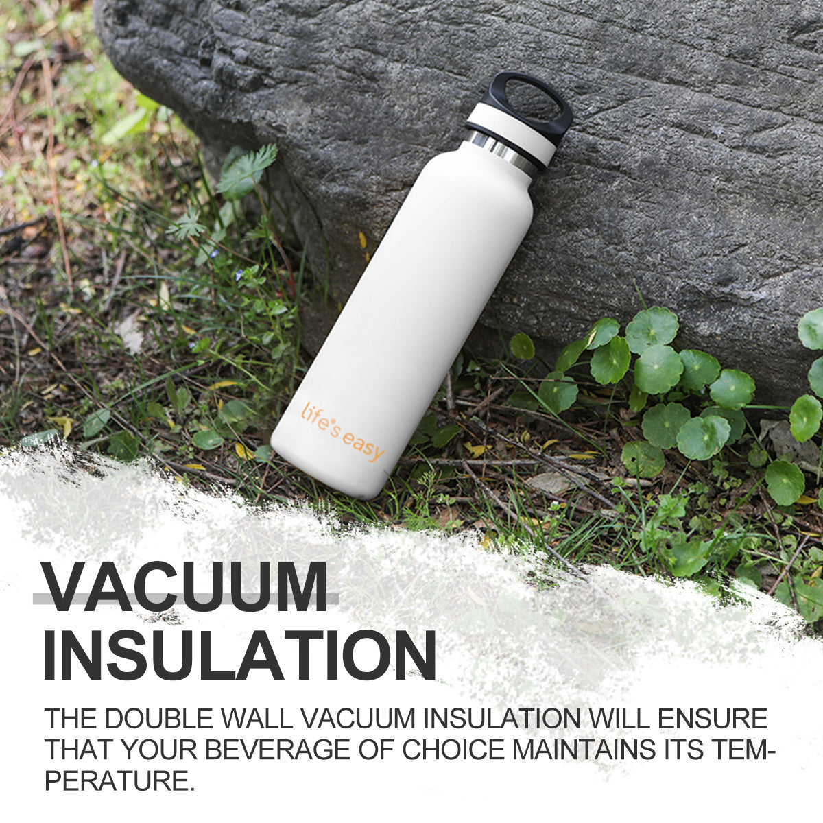 LIFE'S EASY 20 oz. Sports Insulated Water Bottle with Lid. Stainless Steel Vacuum Double Wall Thermo for Modern Hot and Cold Drinks, Simple Metal Hydro Canteen for Travel Men and Women (White) M417M