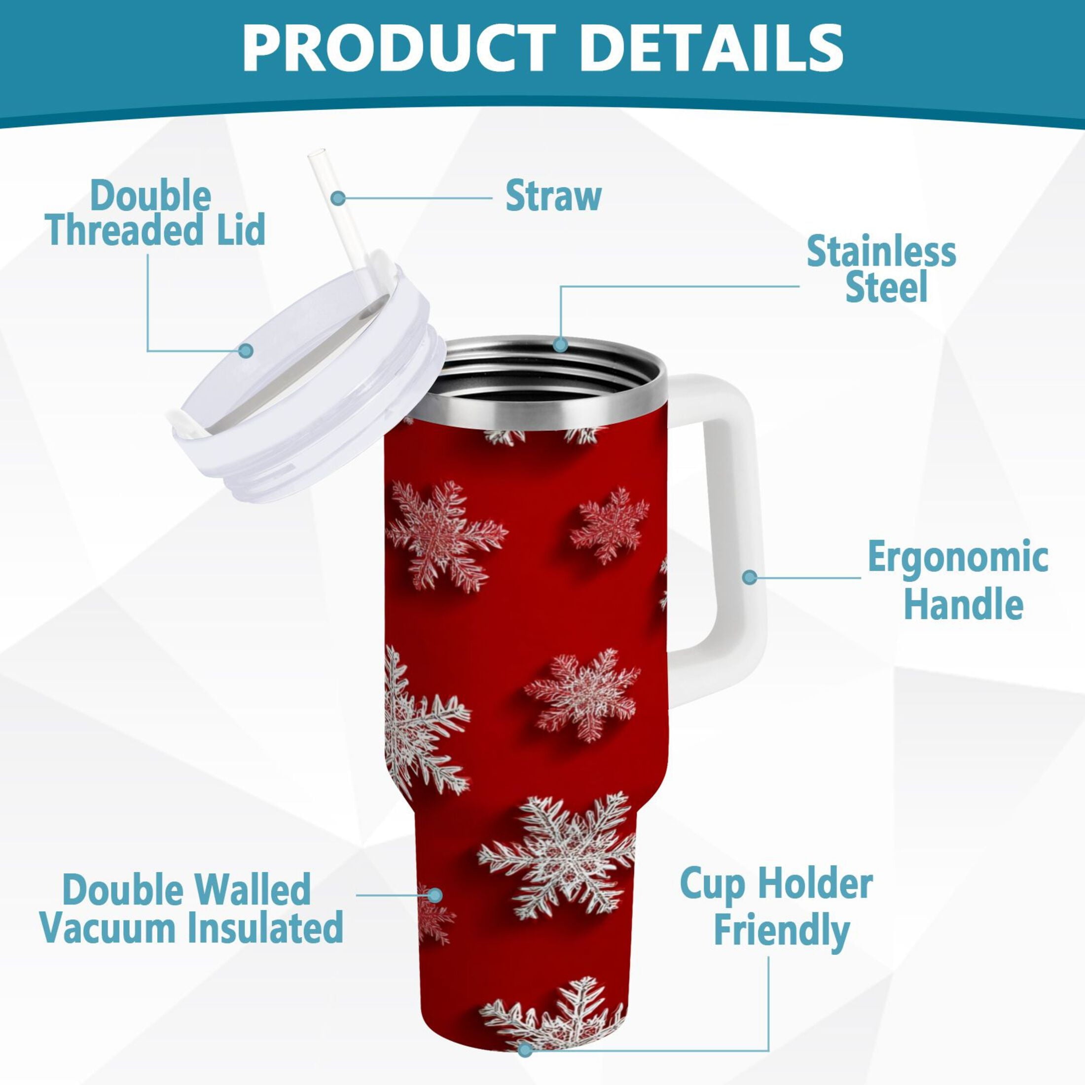 30 oz Insulated Stainless Steel Tumbler Double Wall Stainless Steel Tumbler with 2-Way Drinking Red and White Snowflakes M554W