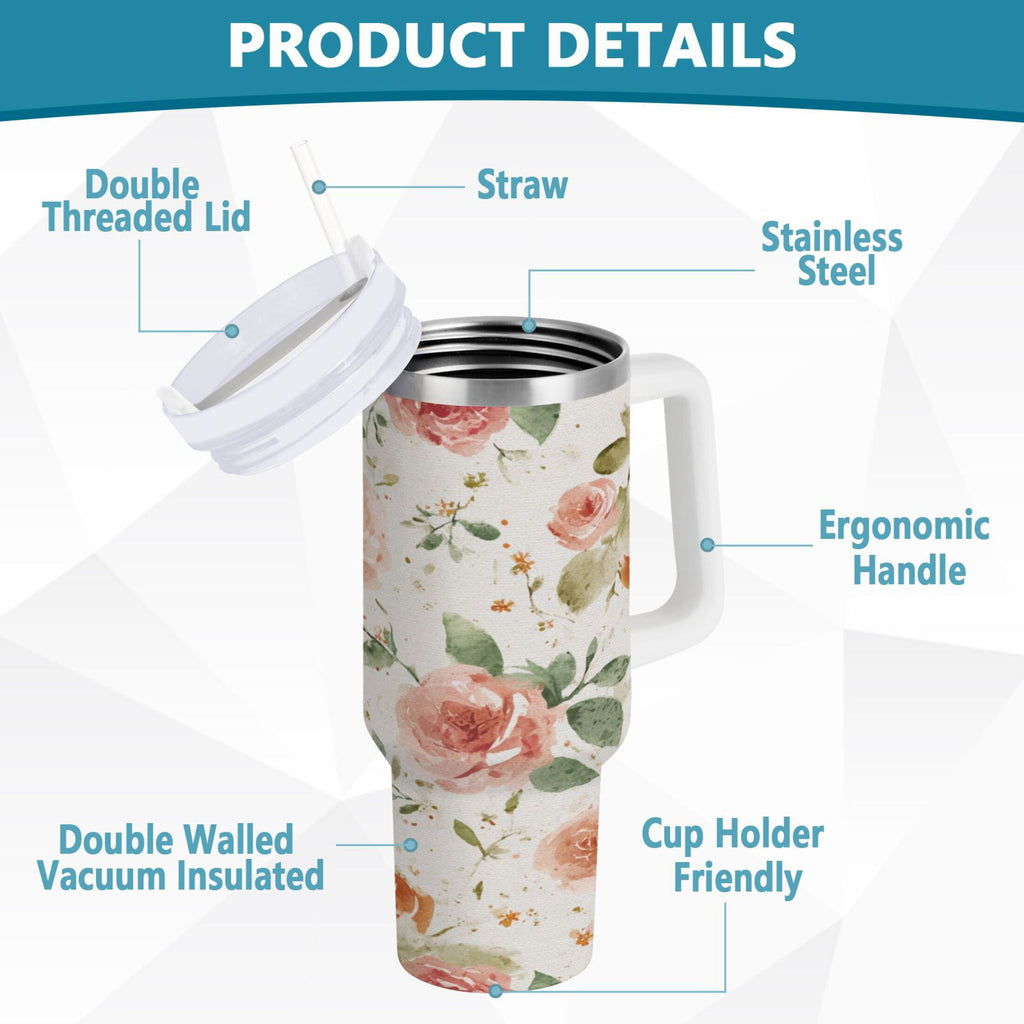 40 oz Insulated Stainless Steel Tumbler Double Wall Stainless Steel Tumbler with 2-Way Drinking Watercolor Rose Floral Pattern M499U