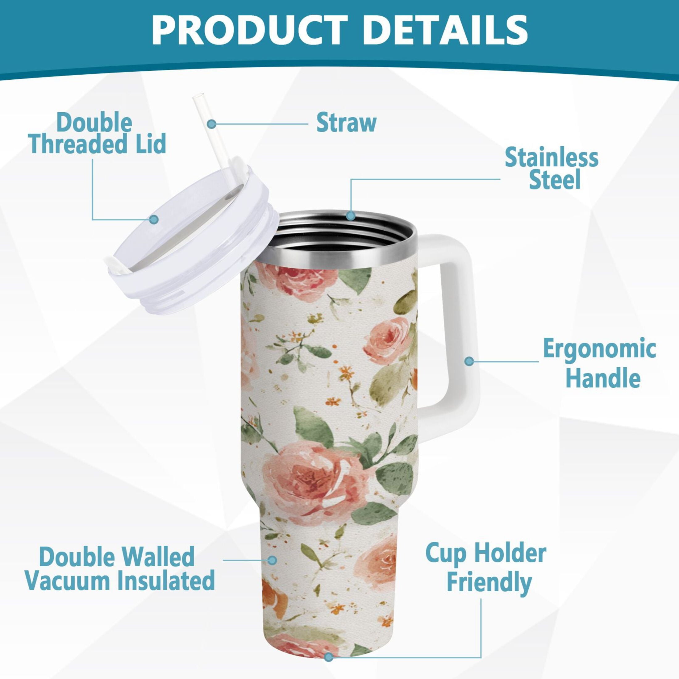 40 oz Insulated Stainless Steel Tumbler Double Wall Stainless Steel Tumbler with 2-Way Drinking Watercolor Rose Floral Pattern M499U