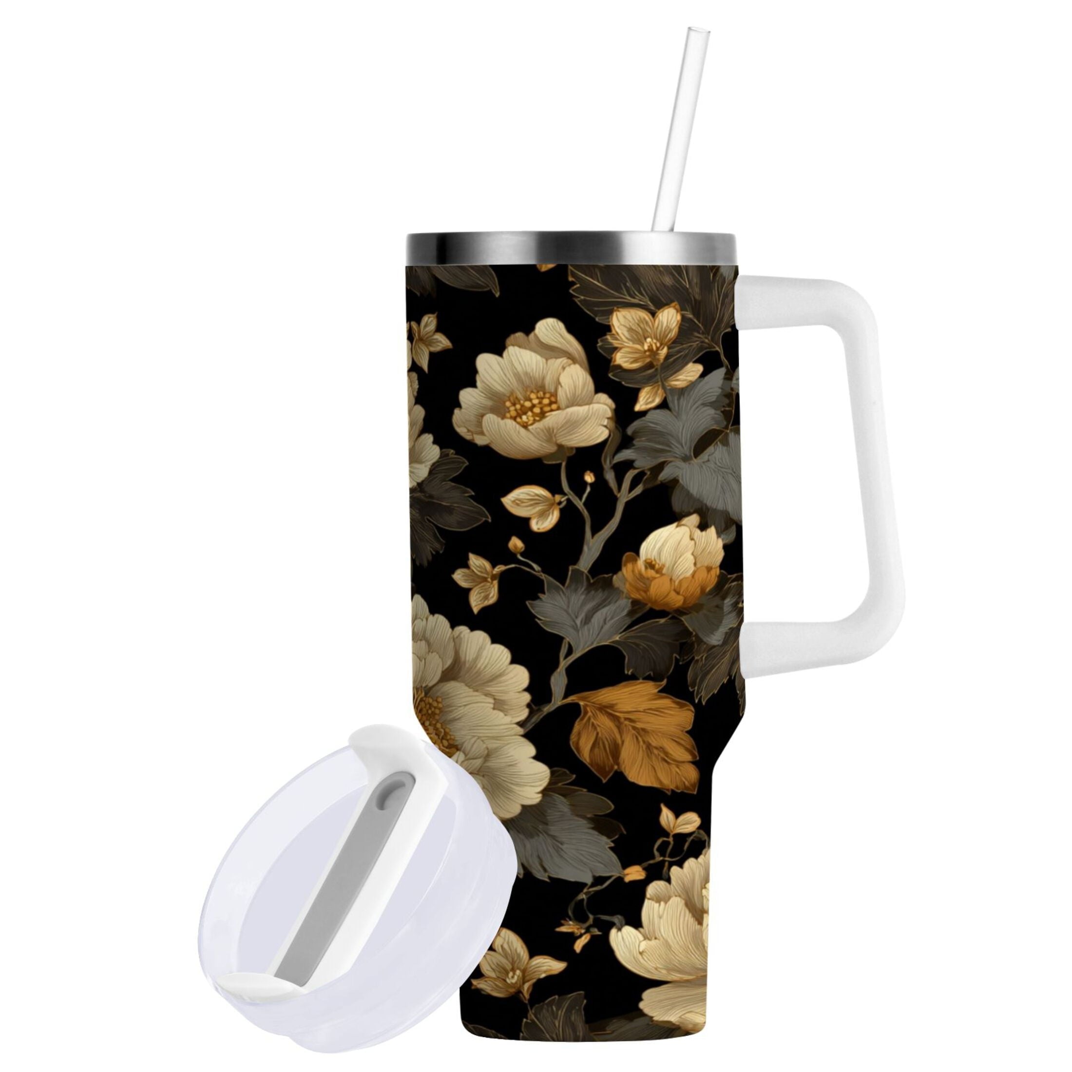 30 oz Insulated Stainless Steel Tumbler Double Wall Stainless Steel Tumbler with 2-Way Drinking Elegant Beige Floral M486Y