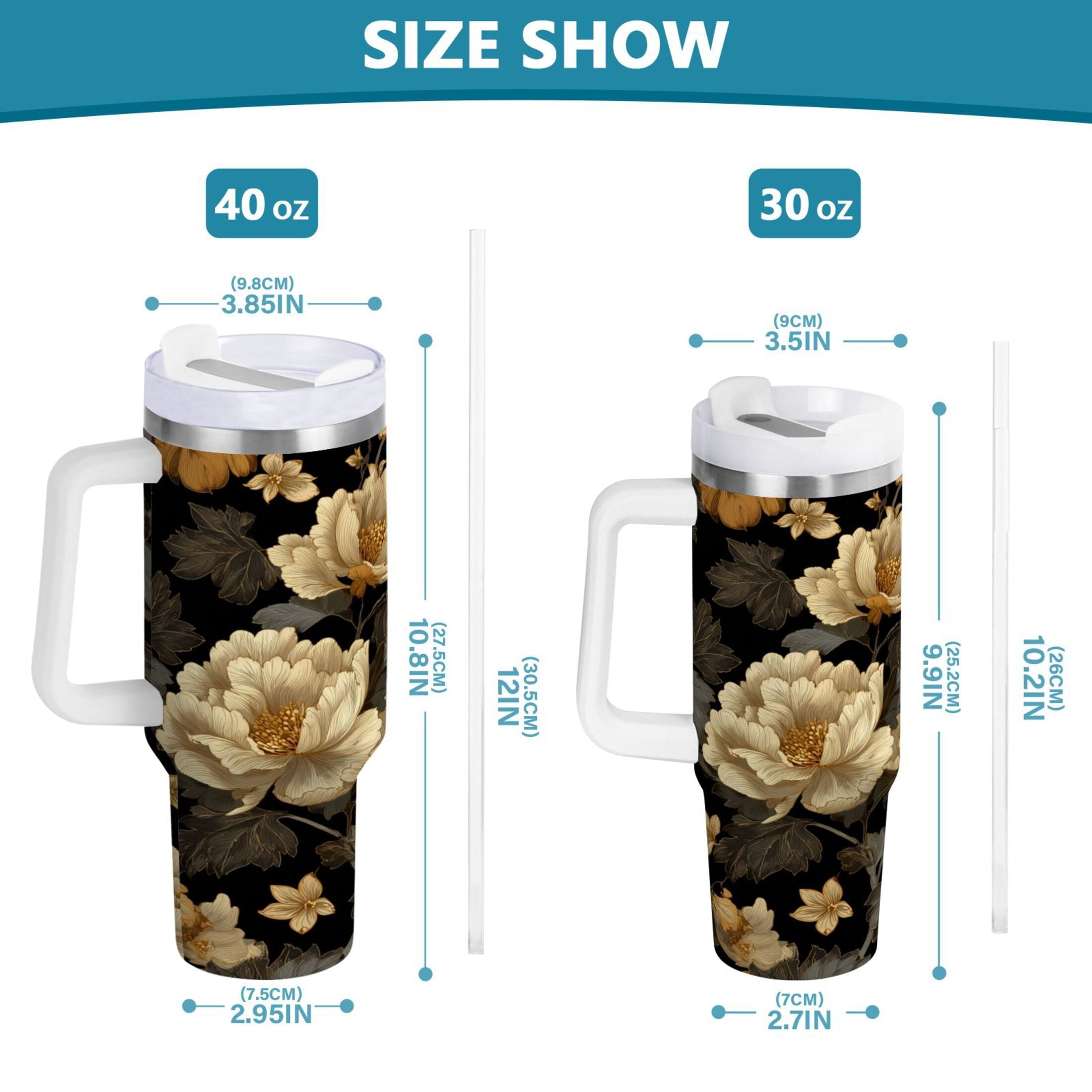 30 oz Insulated Stainless Steel Tumbler Double Wall Stainless Steel Tumbler with 2-Way Drinking Elegant Beige Floral M486Y