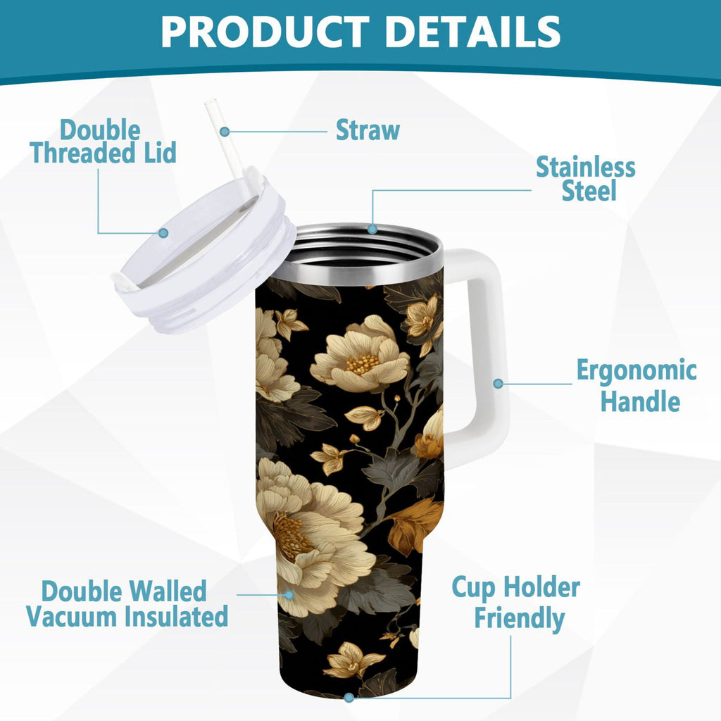 30 oz Insulated Stainless Steel Tumbler Double Wall Stainless Steel Tumbler with 2-Way Drinking Elegant Beige Floral M486Y