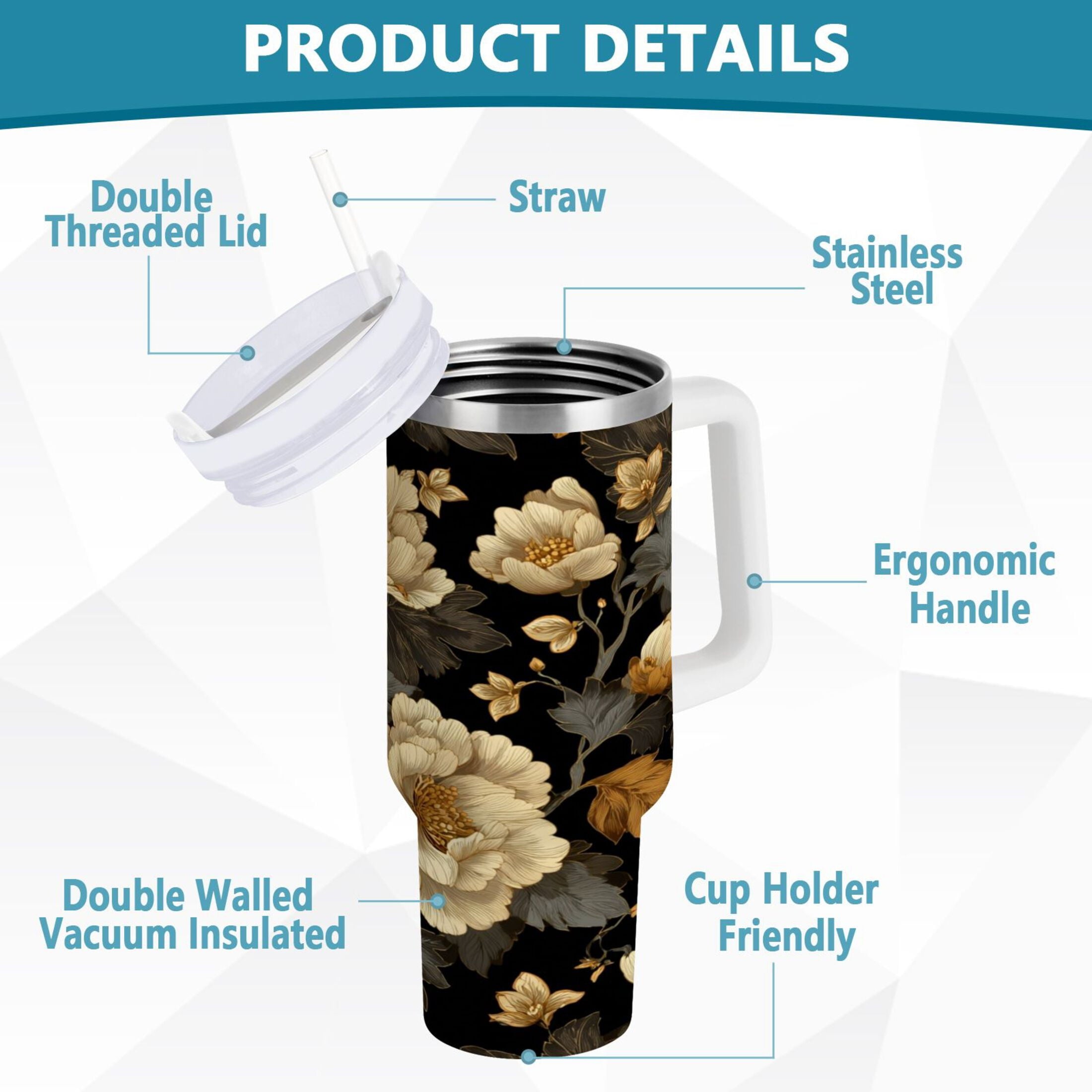 30 oz Insulated Stainless Steel Tumbler Double Wall Stainless Steel Tumbler with 2-Way Drinking Elegant Beige Floral M486Y