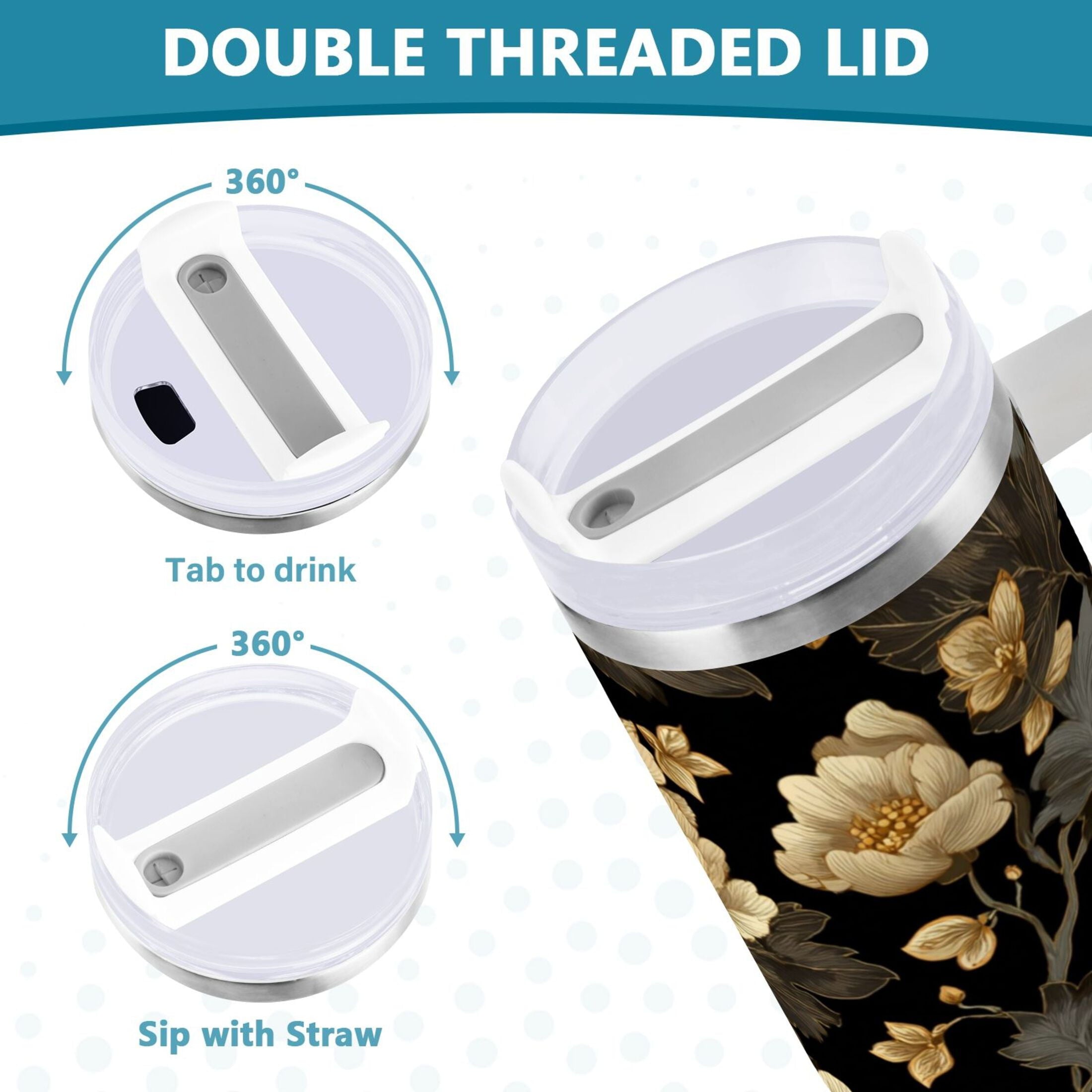 30 oz Insulated Stainless Steel Tumbler Double Wall Stainless Steel Tumbler with 2-Way Drinking Elegant Beige Floral M486Y