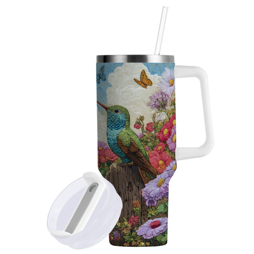 30 oz Insulated Stainless Steel Tumbler Double Wall Stainless Steel Tumbler with 2-Way Drinking Hummingbirds and Flowers M480R