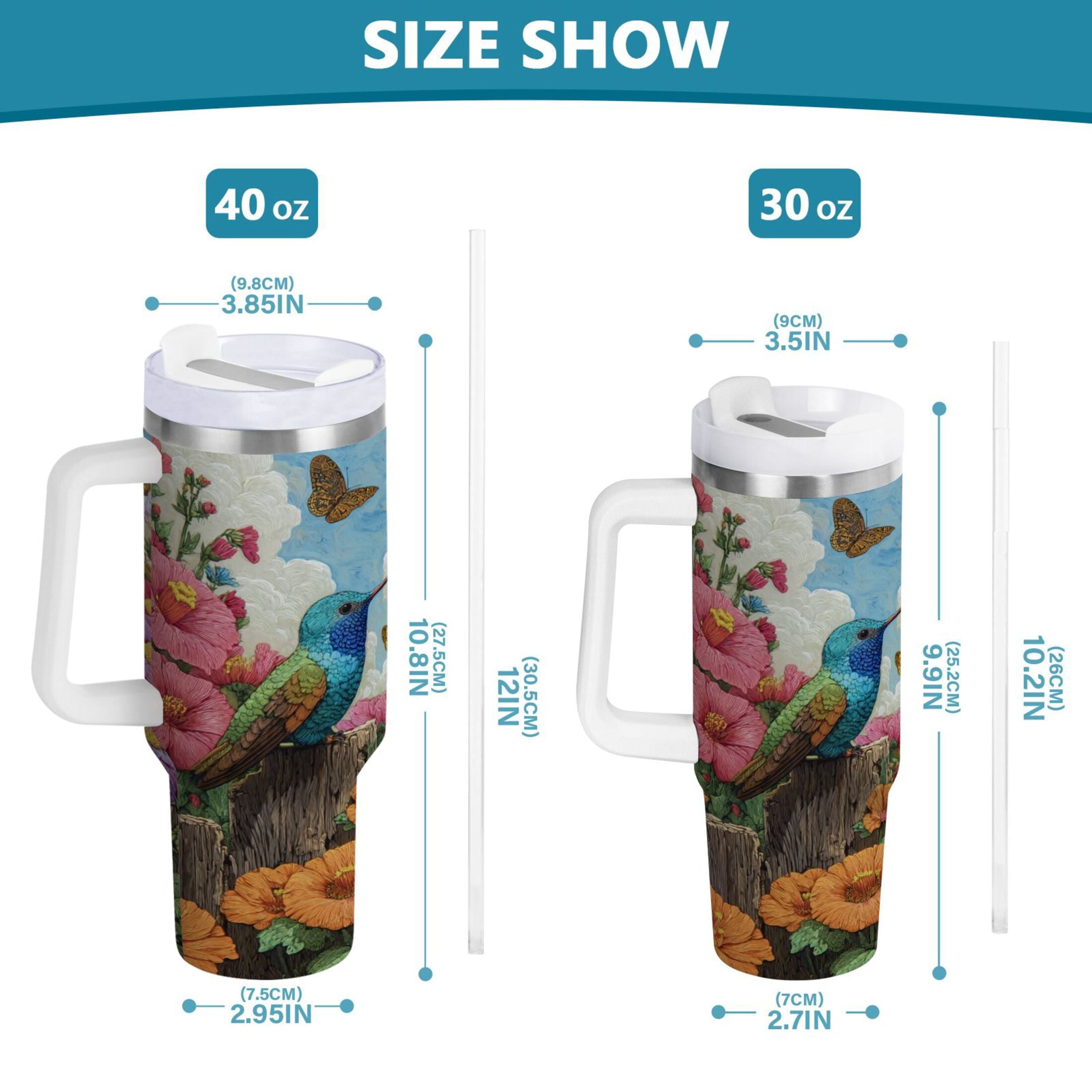 30 oz Insulated Stainless Steel Tumbler Double Wall Stainless Steel Tumbler with 2-Way Drinking Hummingbirds and Flowers M480R