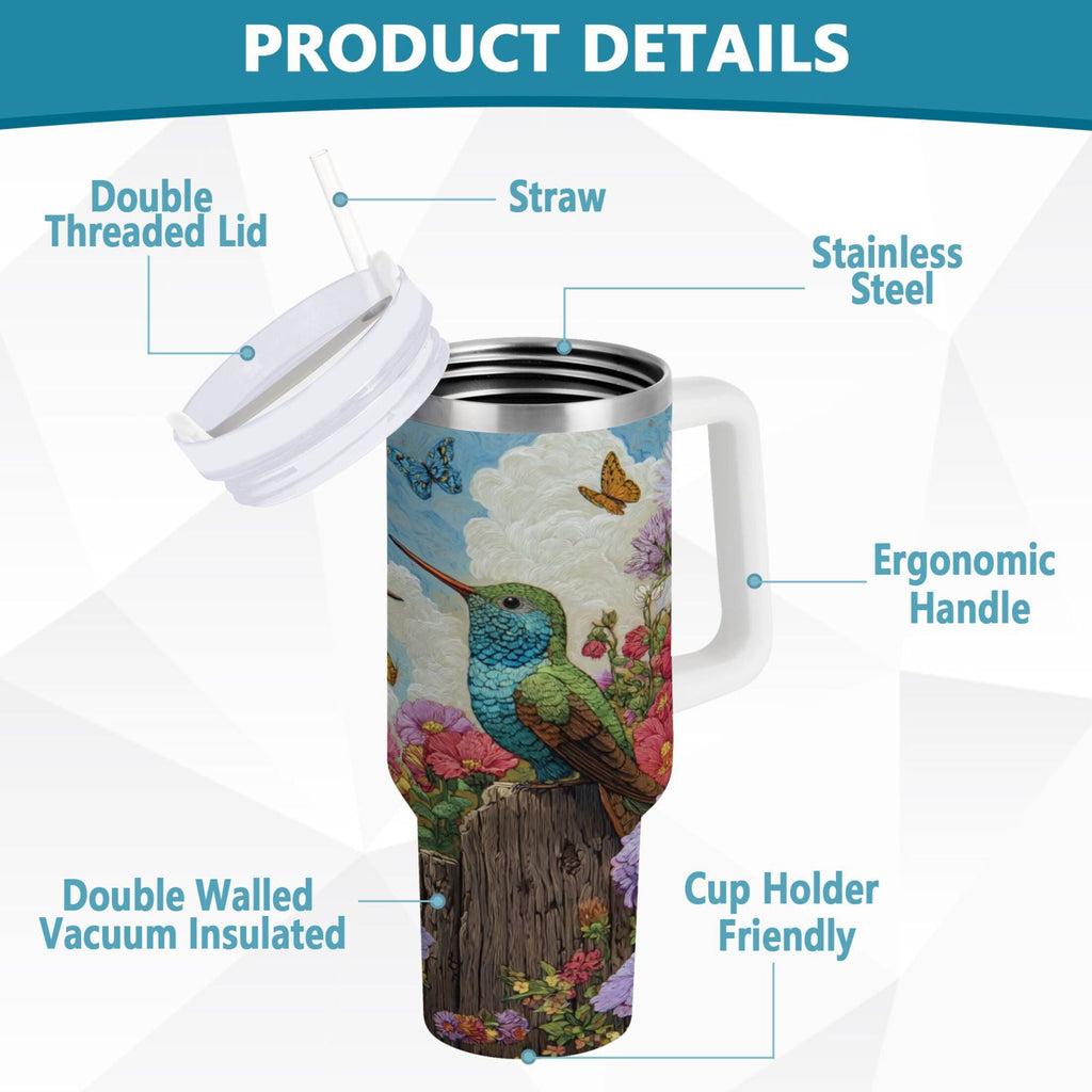 30 oz Insulated Stainless Steel Tumbler Double Wall Stainless Steel Tumbler with 2-Way Drinking Hummingbirds and Flowers M480R