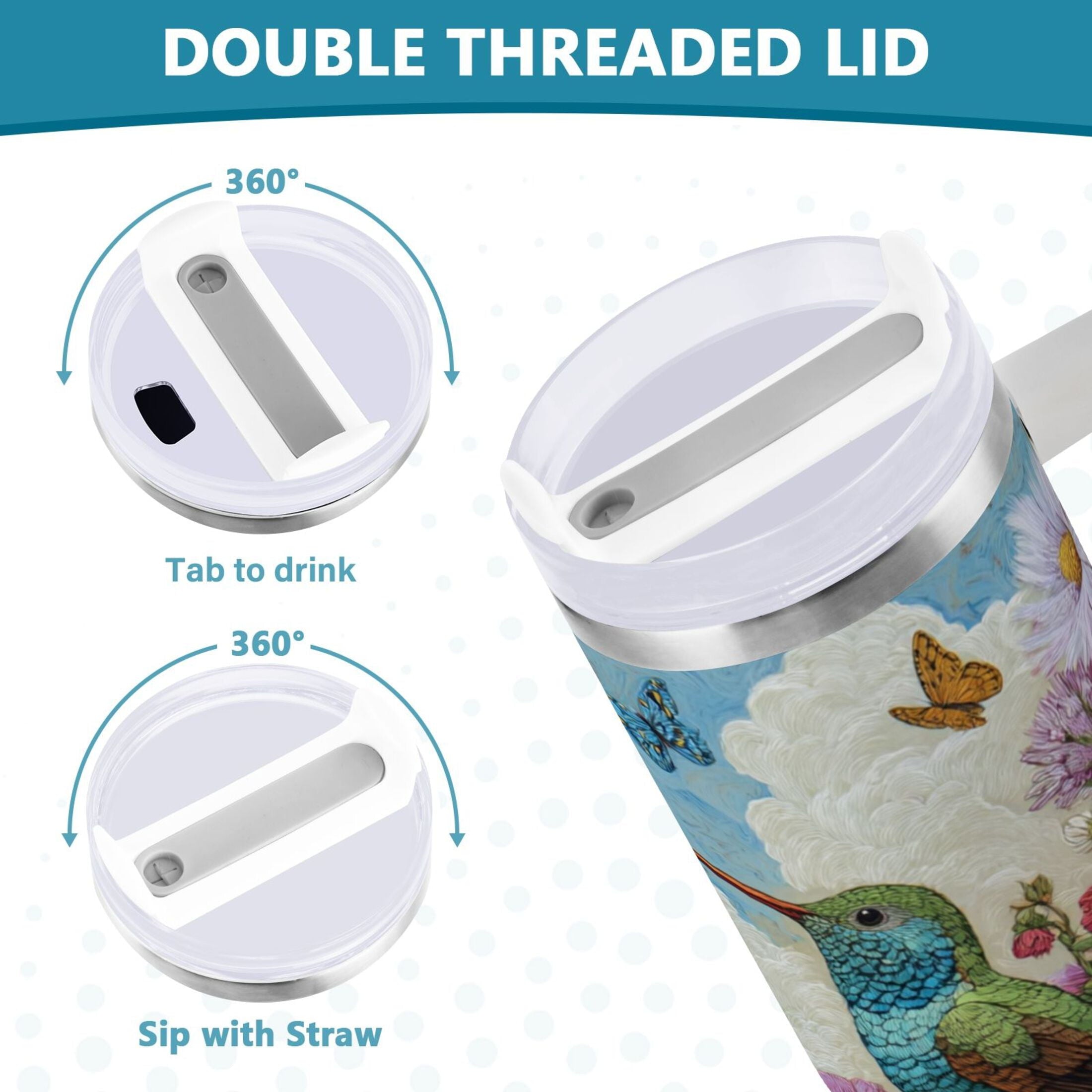 30 oz Insulated Stainless Steel Tumbler Double Wall Stainless Steel Tumbler with 2-Way Drinking Hummingbirds and Flowers M480R